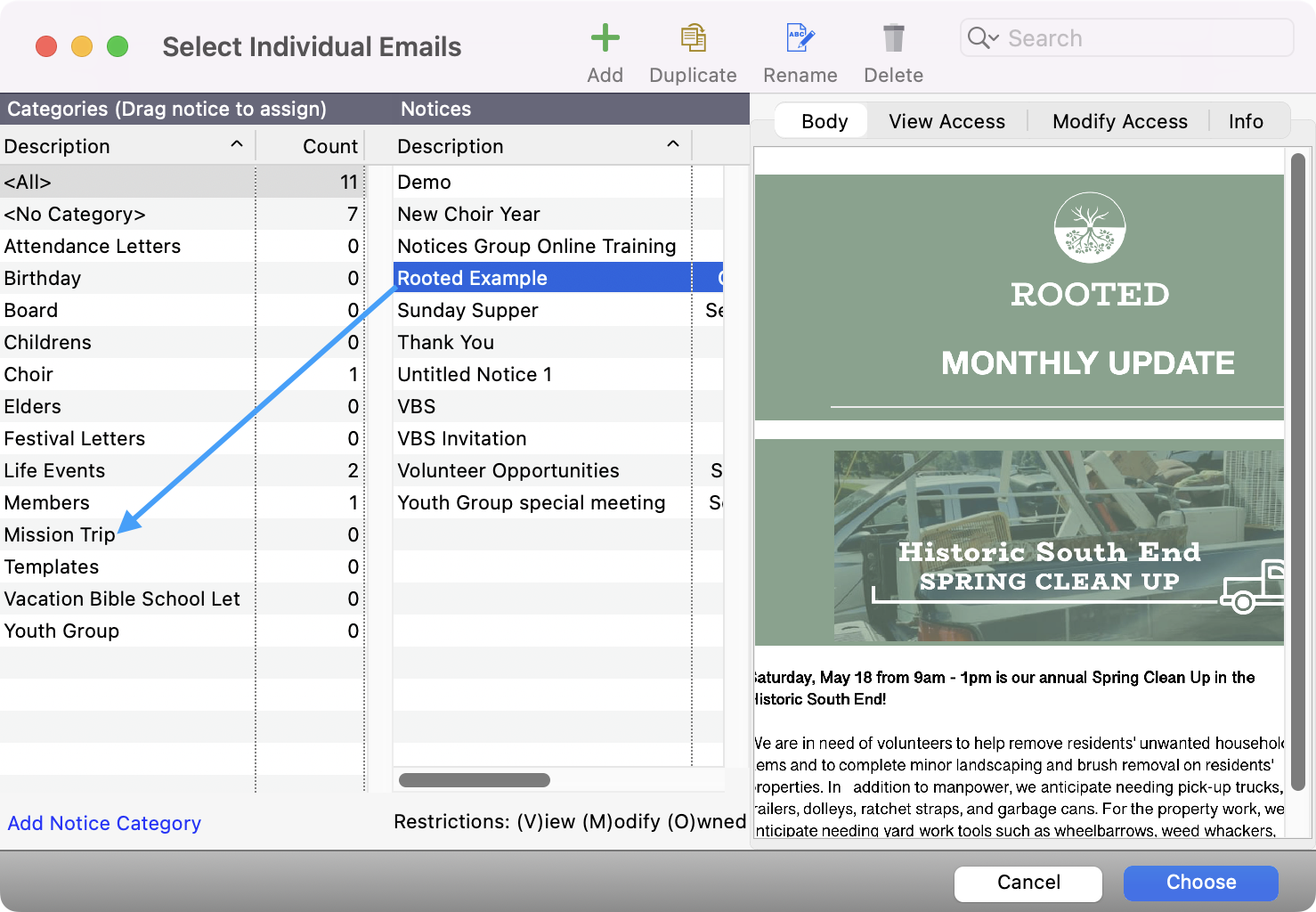 Select Individual Emails with an arrow pointing from a notice to a category.