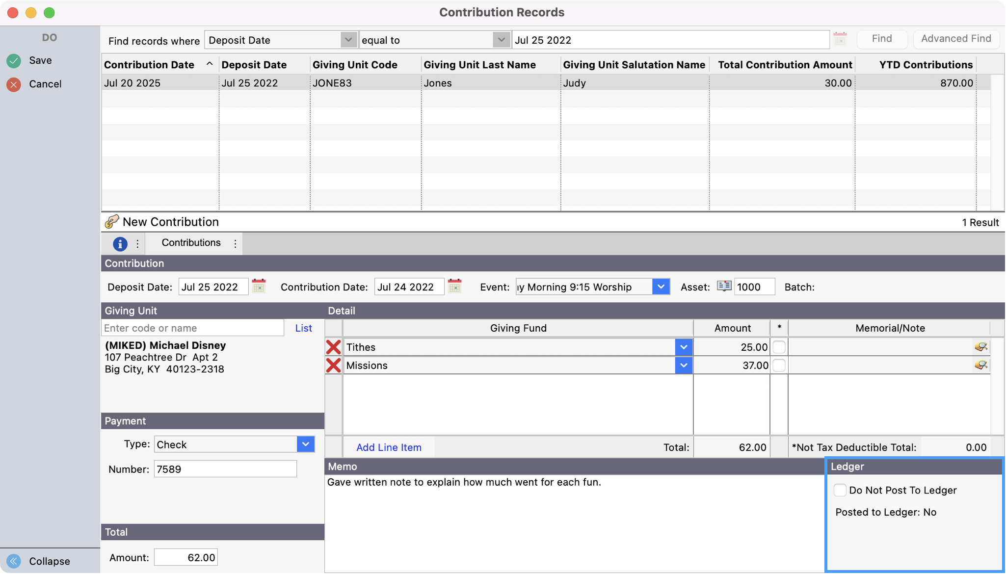 Contribution record window with the Ledger Do not Post to Ledger option highlighted.