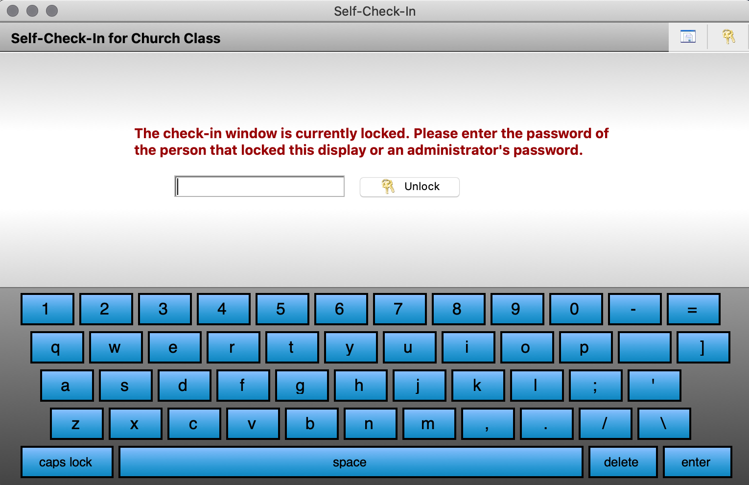 Self Check-In screen that is locked and therefore needs the user's password to continiue.