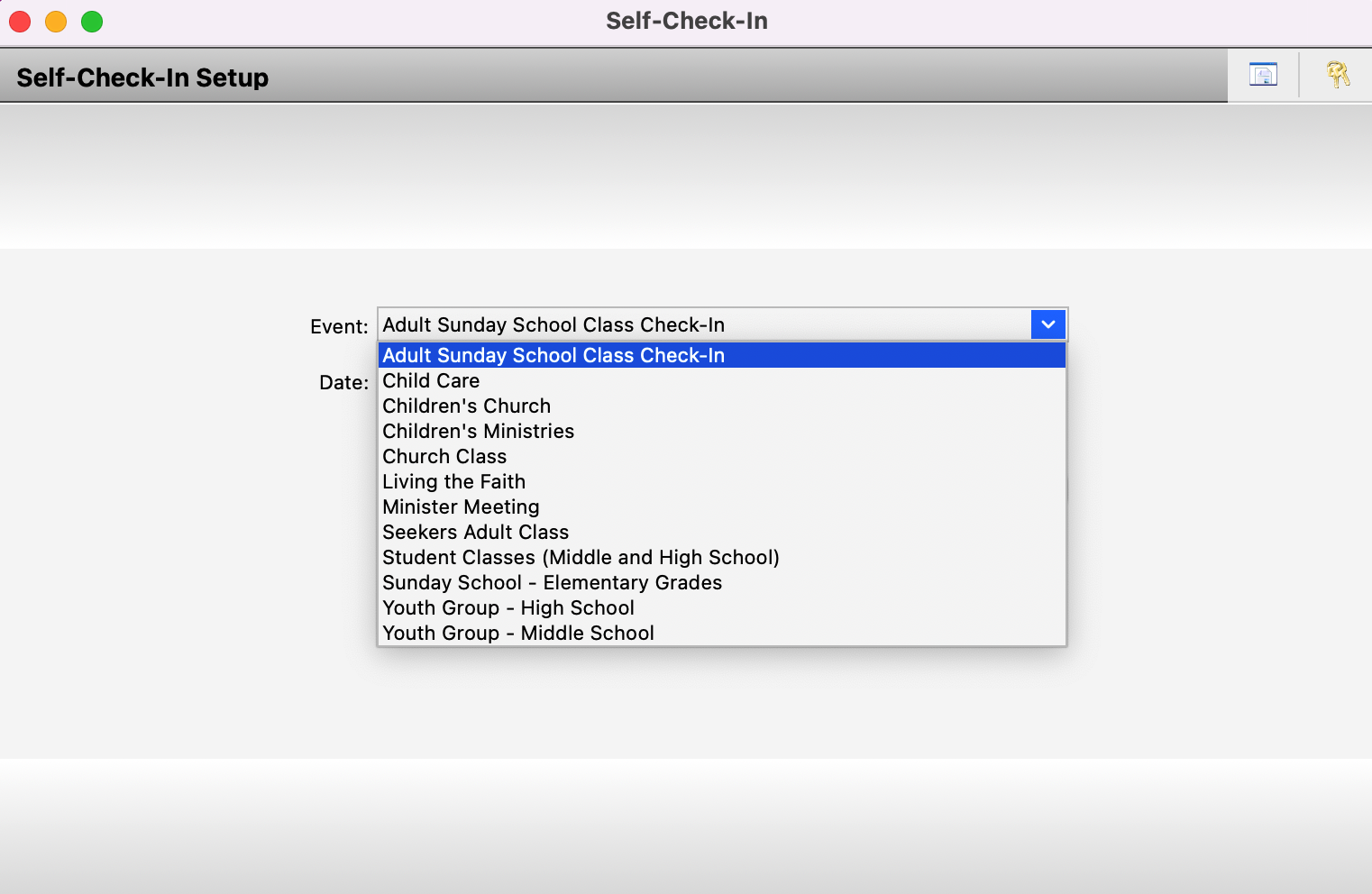 Self Check-In Setup window with Event drop-down open.