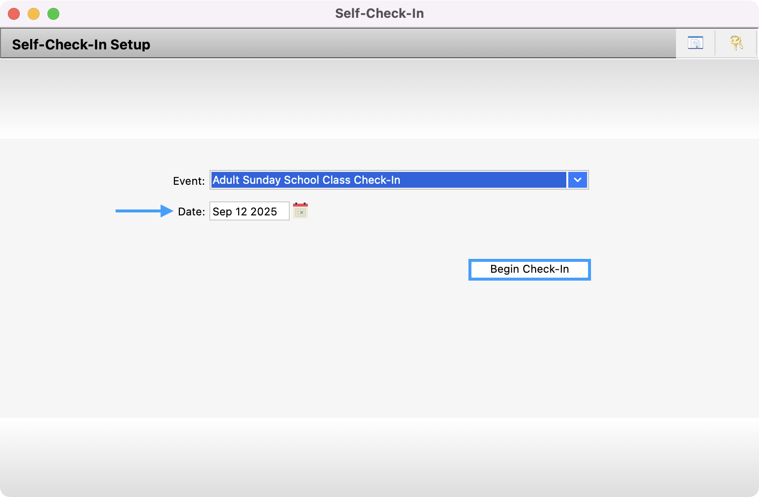 Self Check-In with an arrow pointing to the date field and the Begin Check-in button highlighted.