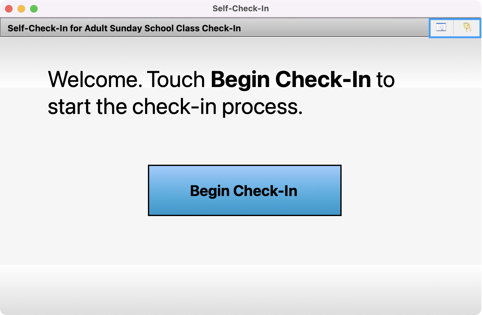 Self Check-In window with the computer and key buttons highlighted.