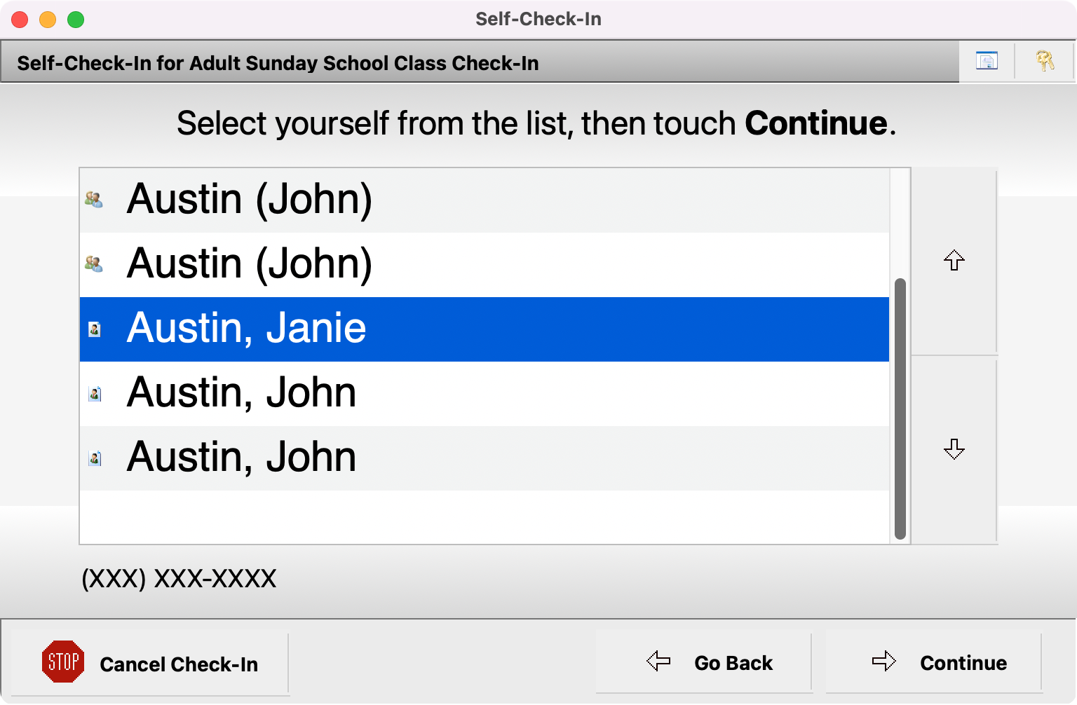 Self Check-In with a record selected. 
