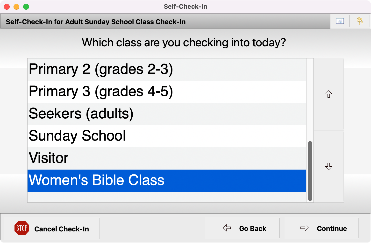 Self check-in with an class selected.