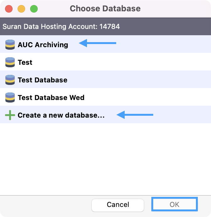 Choose Database window with an error pointing to an existing database and an arrow pointing to the create new database option. The OK button is highlighted in the bottom left-hand corner. 
