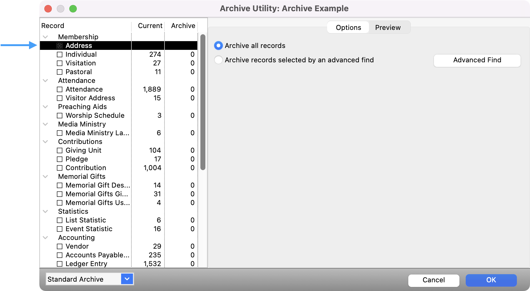 Archive Utility window with an arrow pointing to the type of record that will be archived. 