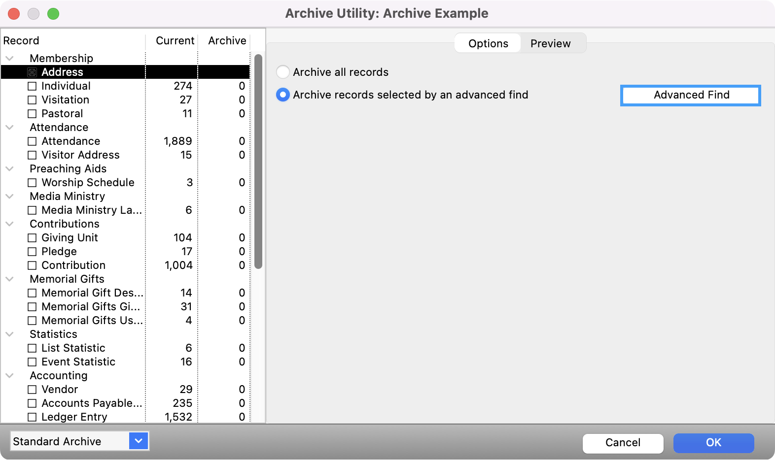 Archive Utility window with the Advanced Find button highlighted. 