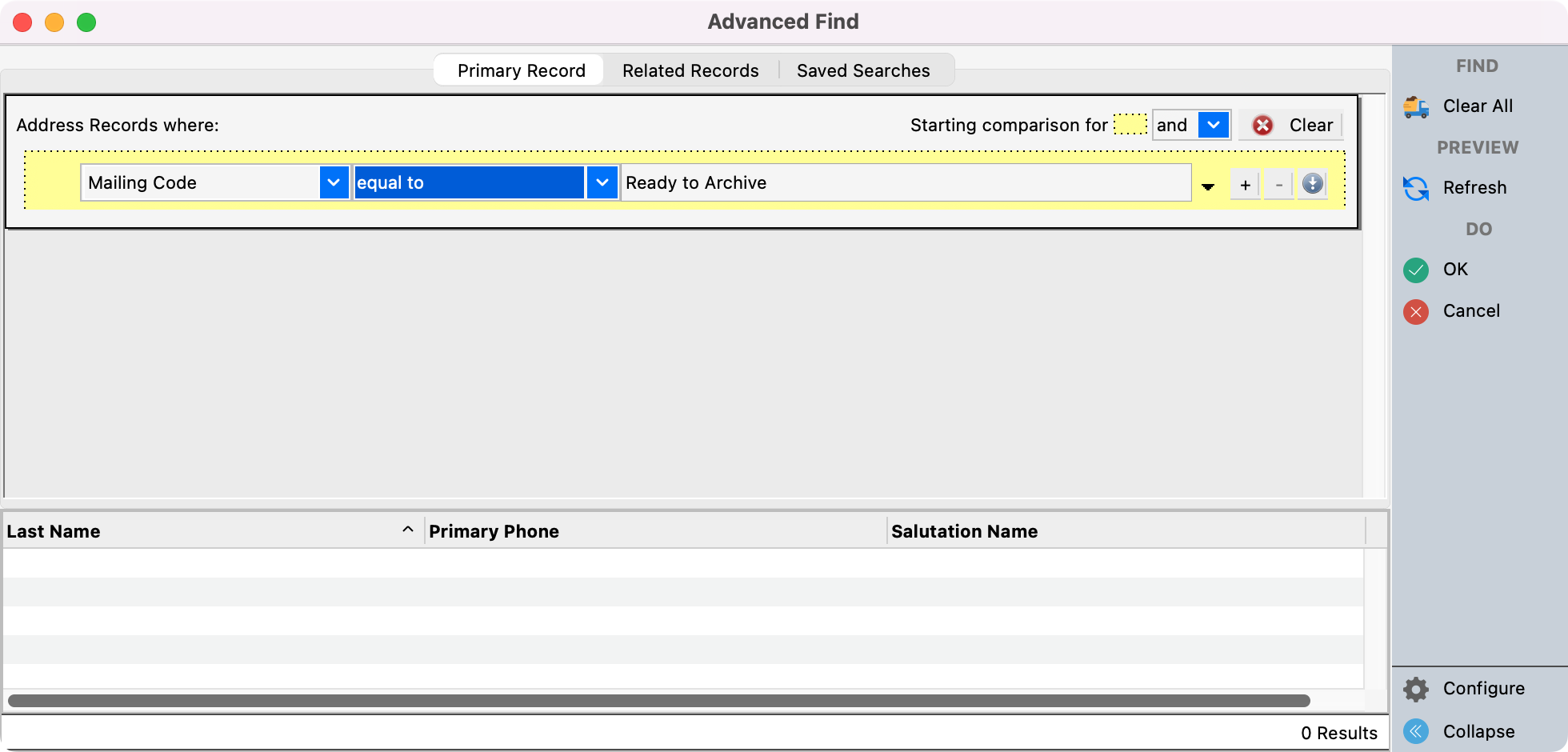 Advanced Find window.