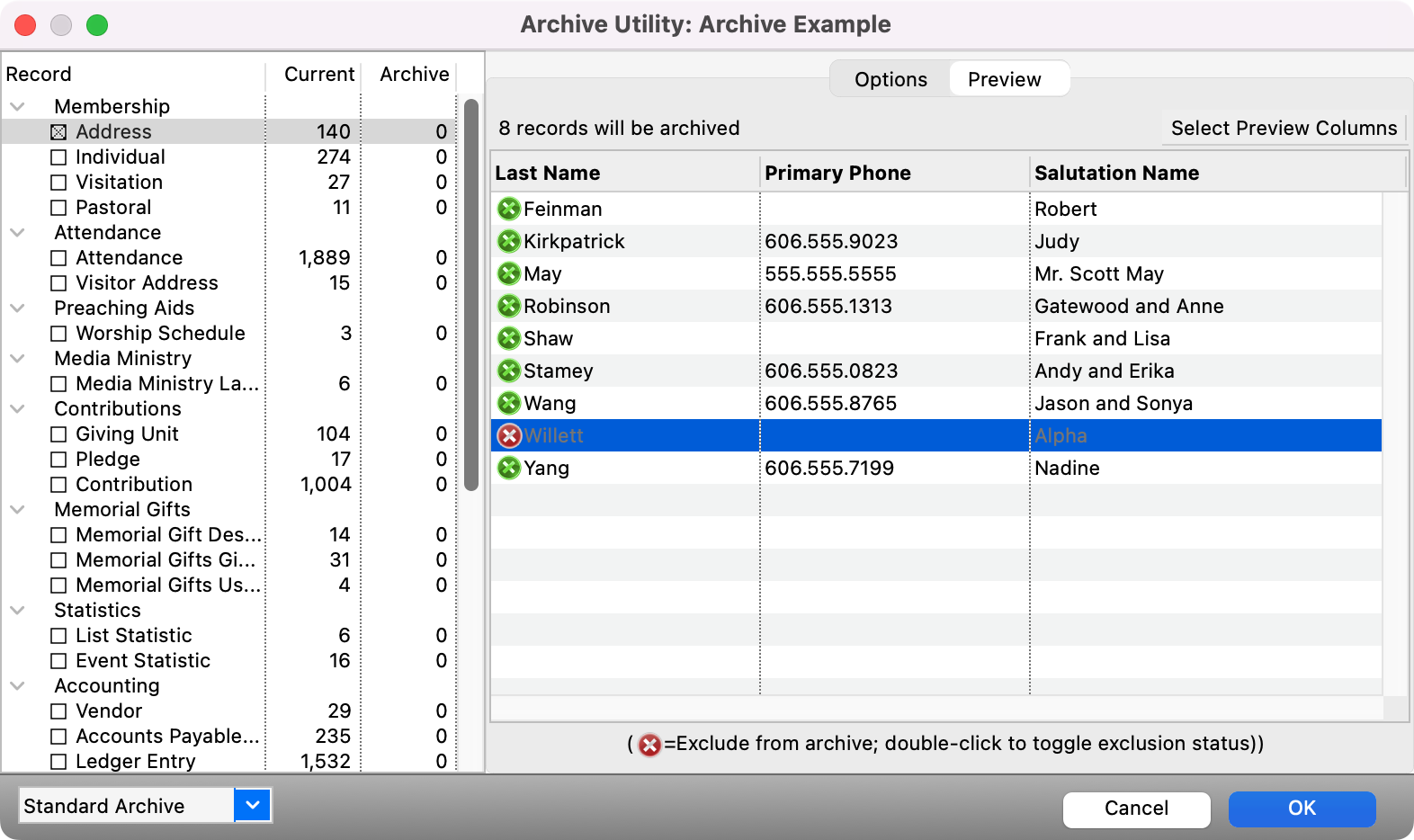 Archive Utility window showing a record with a red x which indicates it was double-clicked and will not be included in the archive. 