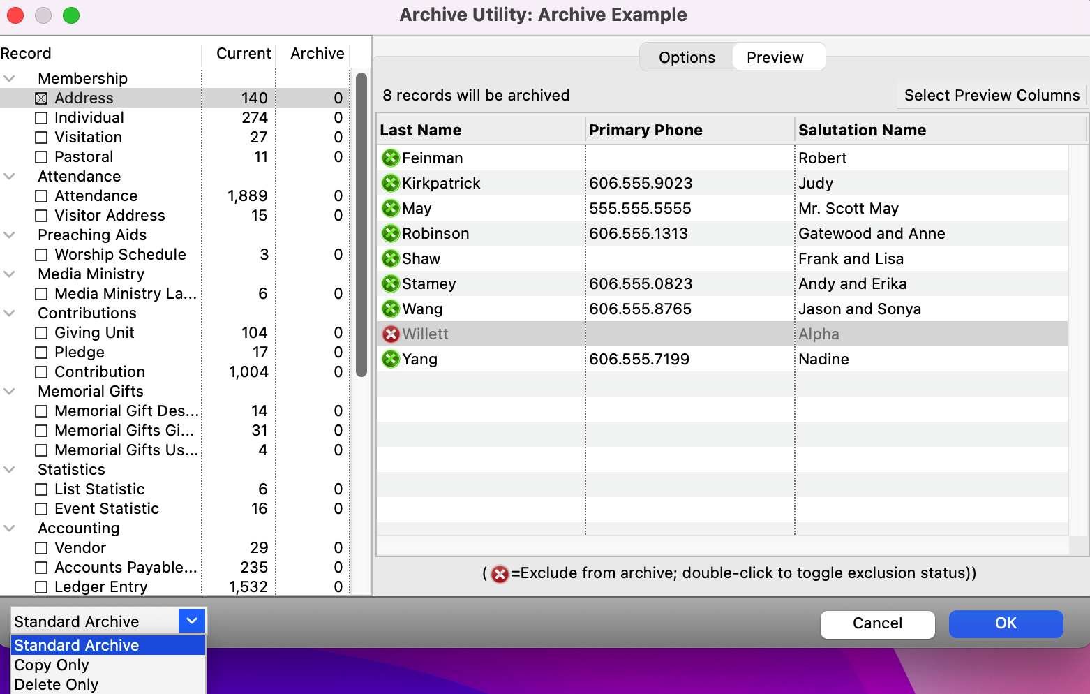 Archive Utility window showing the archive options in the bottom left hand corner.