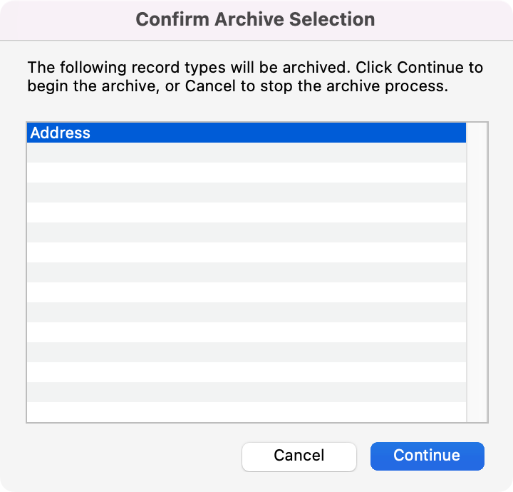 Confirm Archive Selection window.