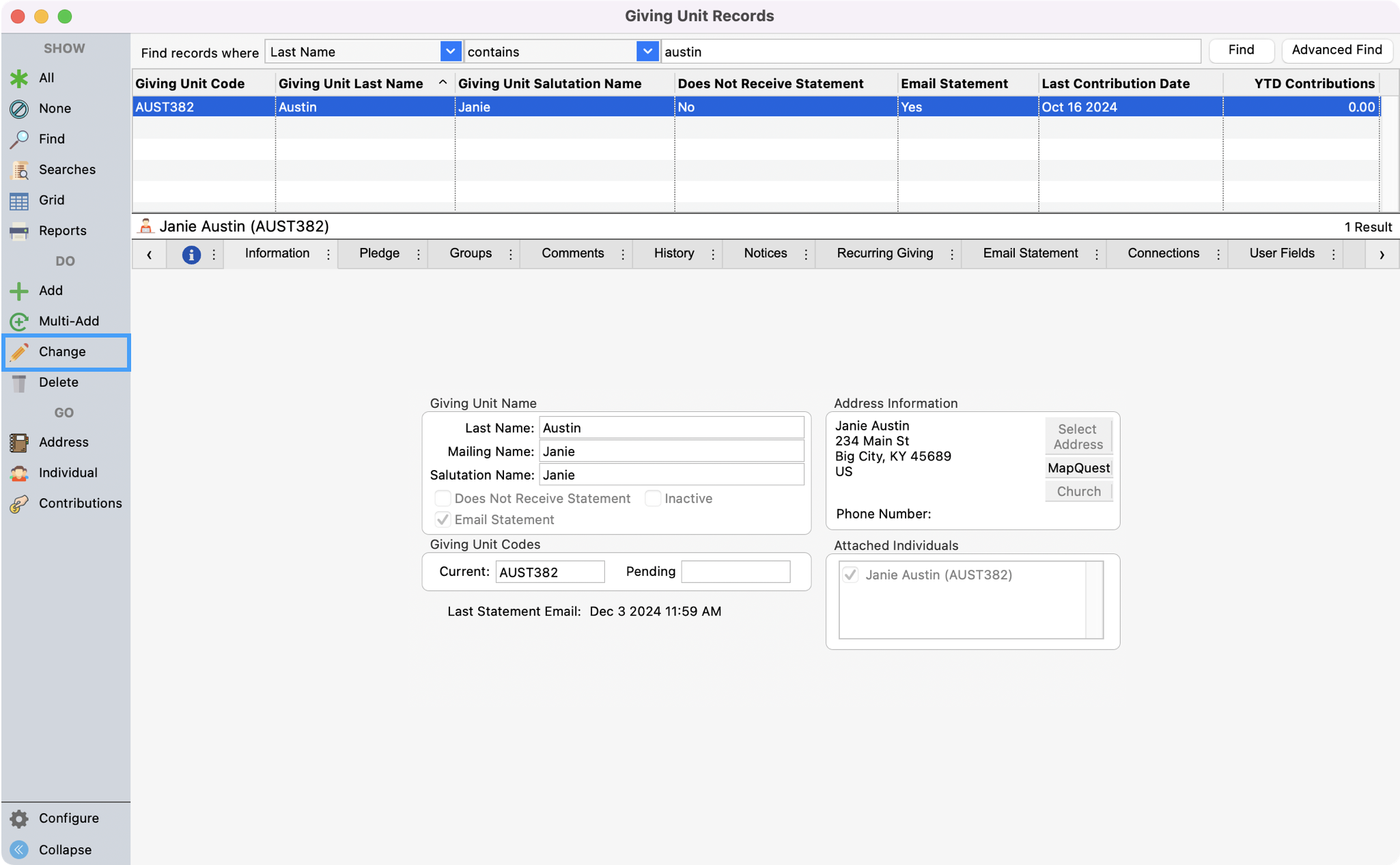 Giving Unit Record window with change highlighted in the left sidebar.