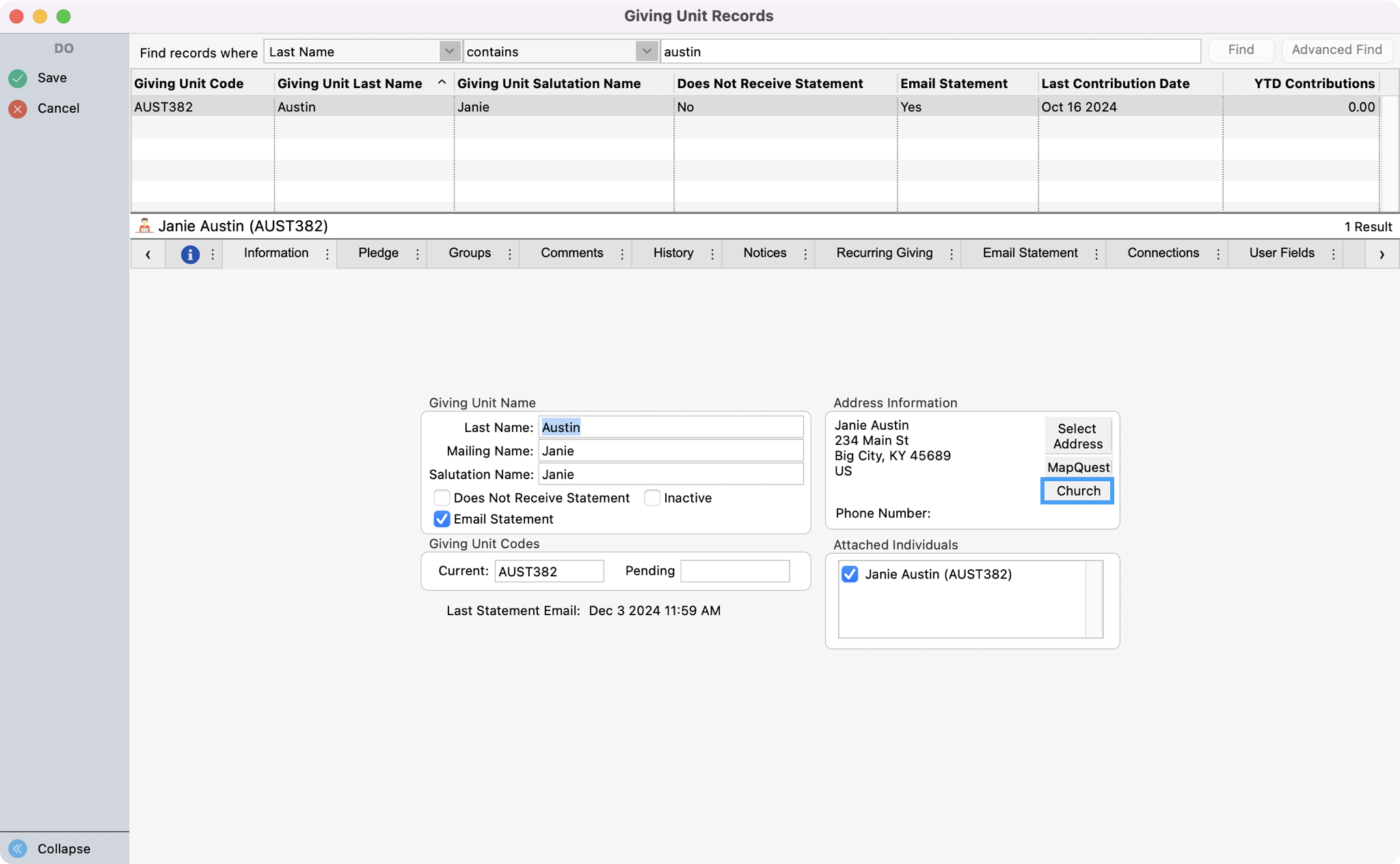 Giving Unity Record window in change mode with Church highlighted in the Address Information pane.