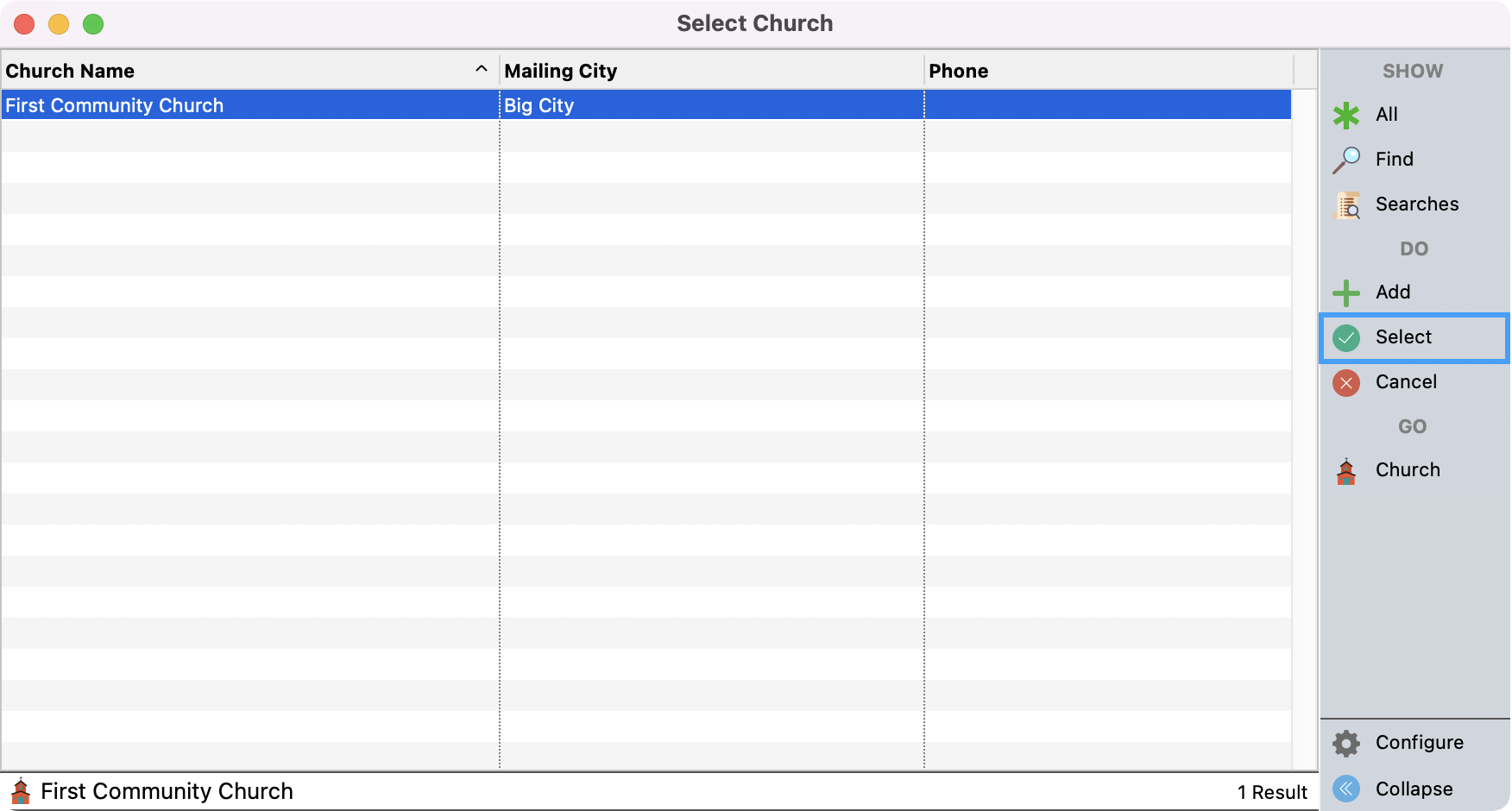 Select church window with a record clicked and Select highlighted in the right sidebar.