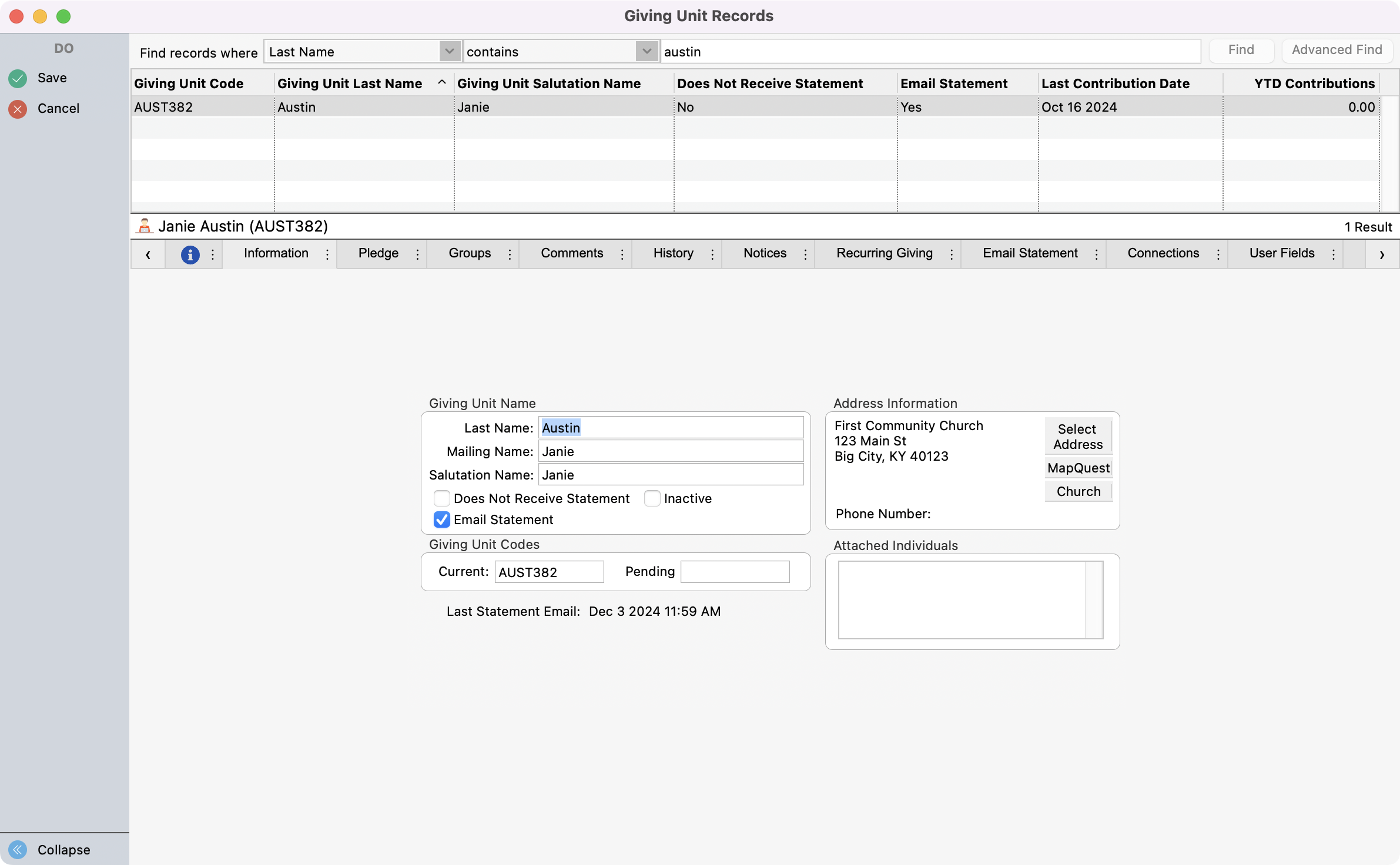 Giving Unit record with save highlighted in the left sidebar.