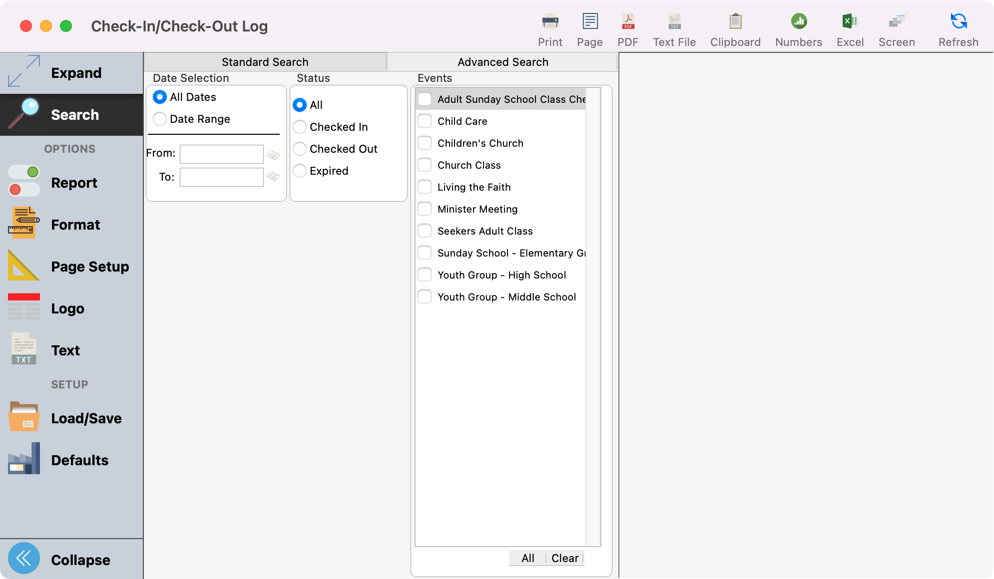 Check-In Check-Out Log window.