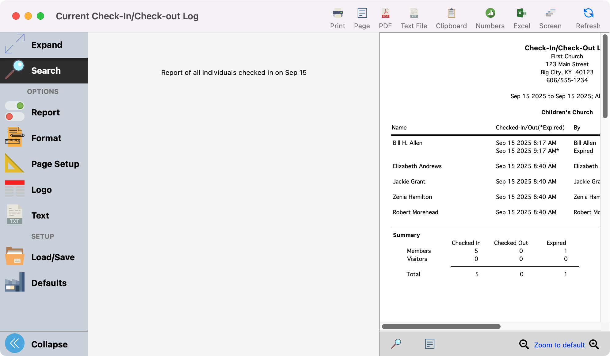 Current Check-In Check-Out Log window.