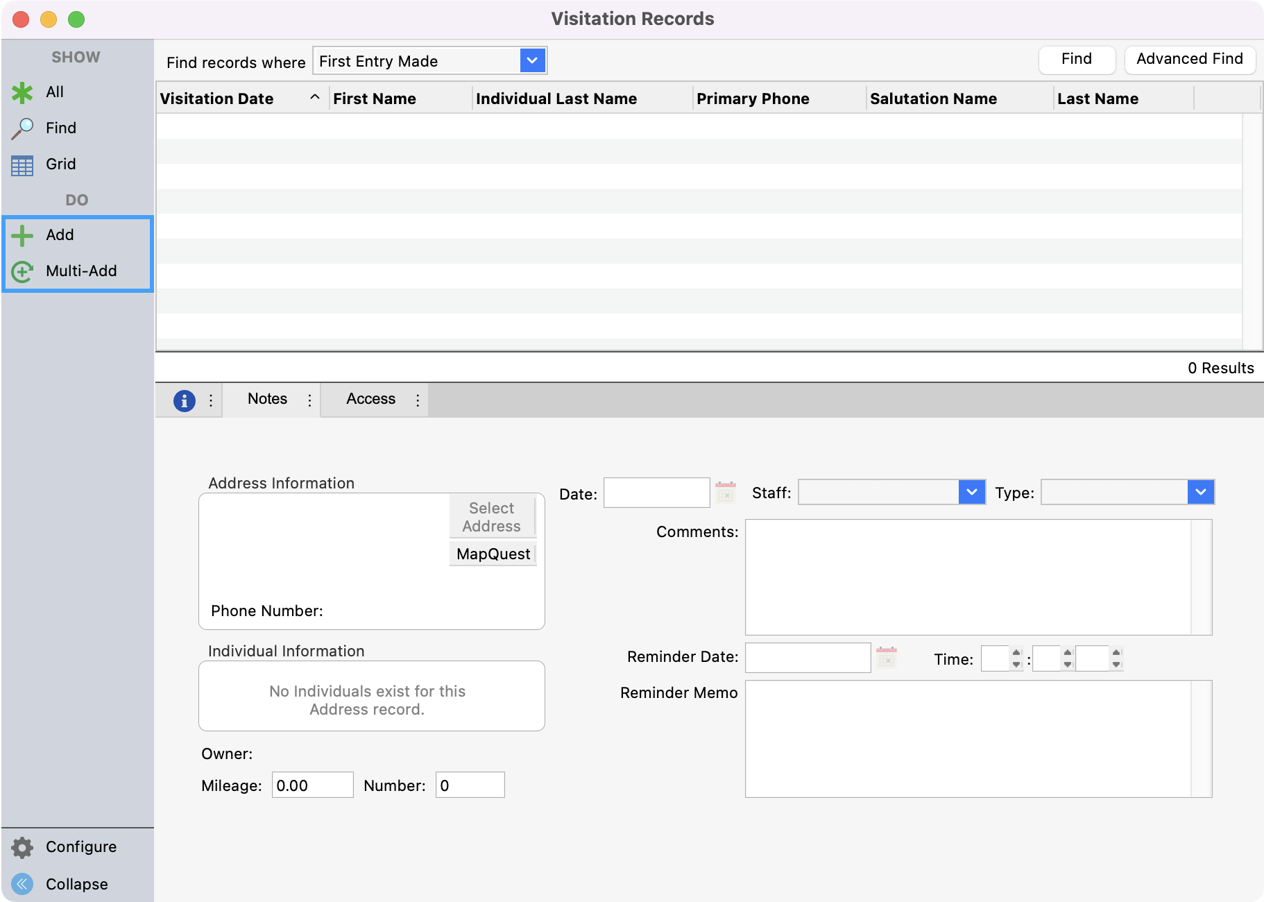 Visitation records window highlighting Add and Multi-add from the left sidebar.