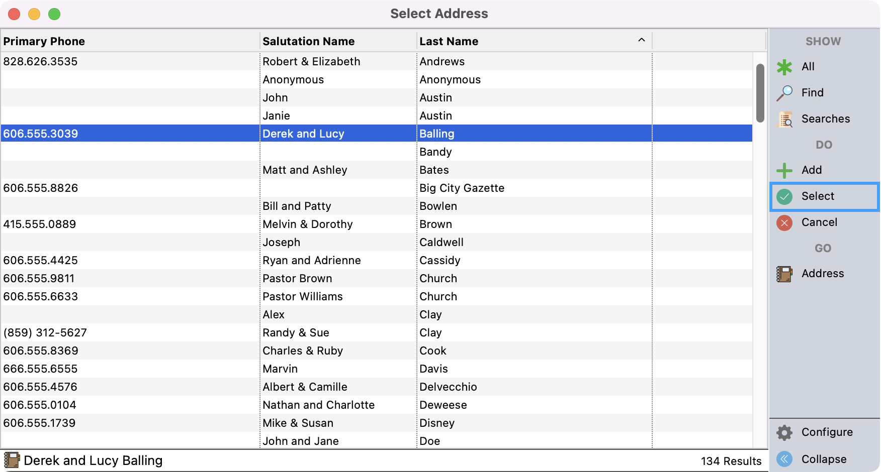 Select Address window with a record selected and Select highlighted in the right sidebar.