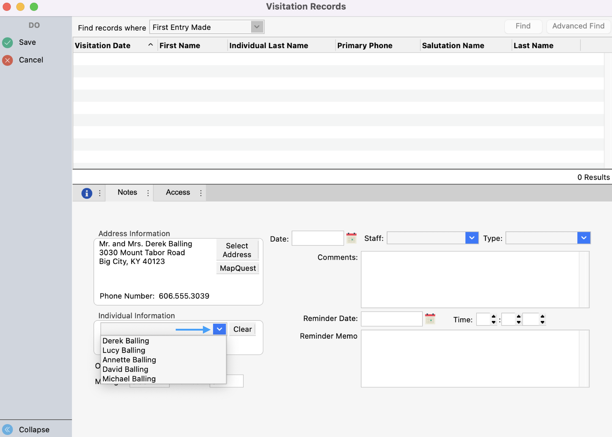 Visitation Records window with the Individual Information drop-down field highlighted.