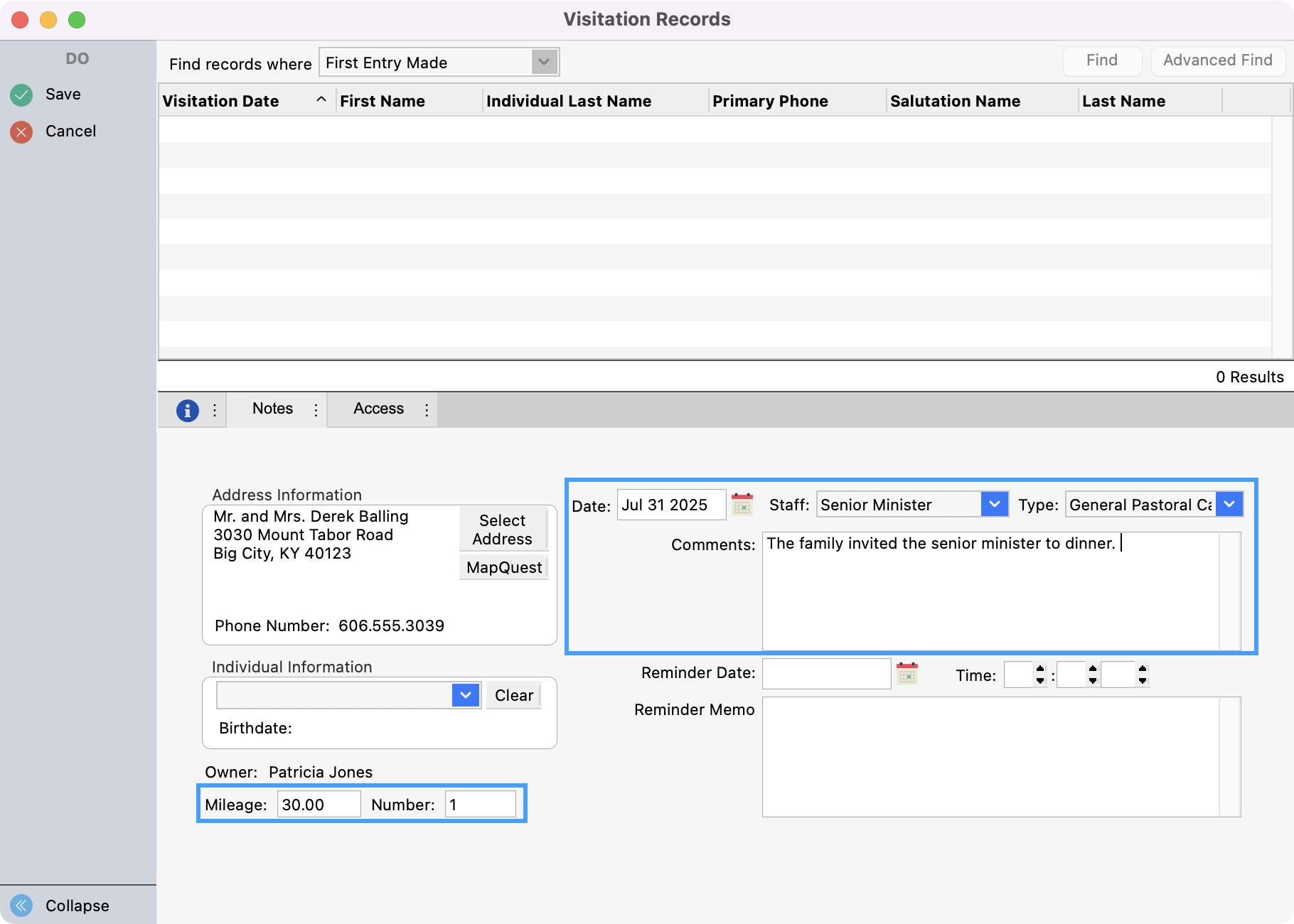 Visitation Records window with entry fields highlighted.