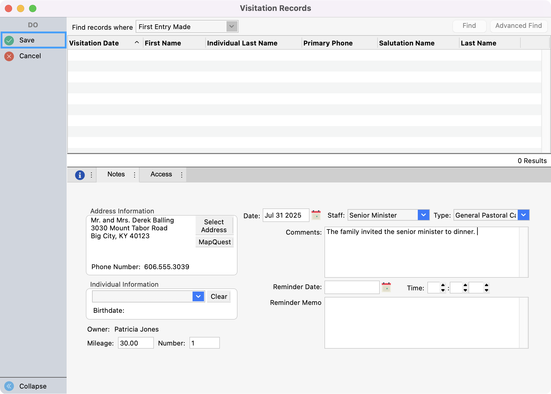 Visitation records window with Save highlighted in the left sidebar.
