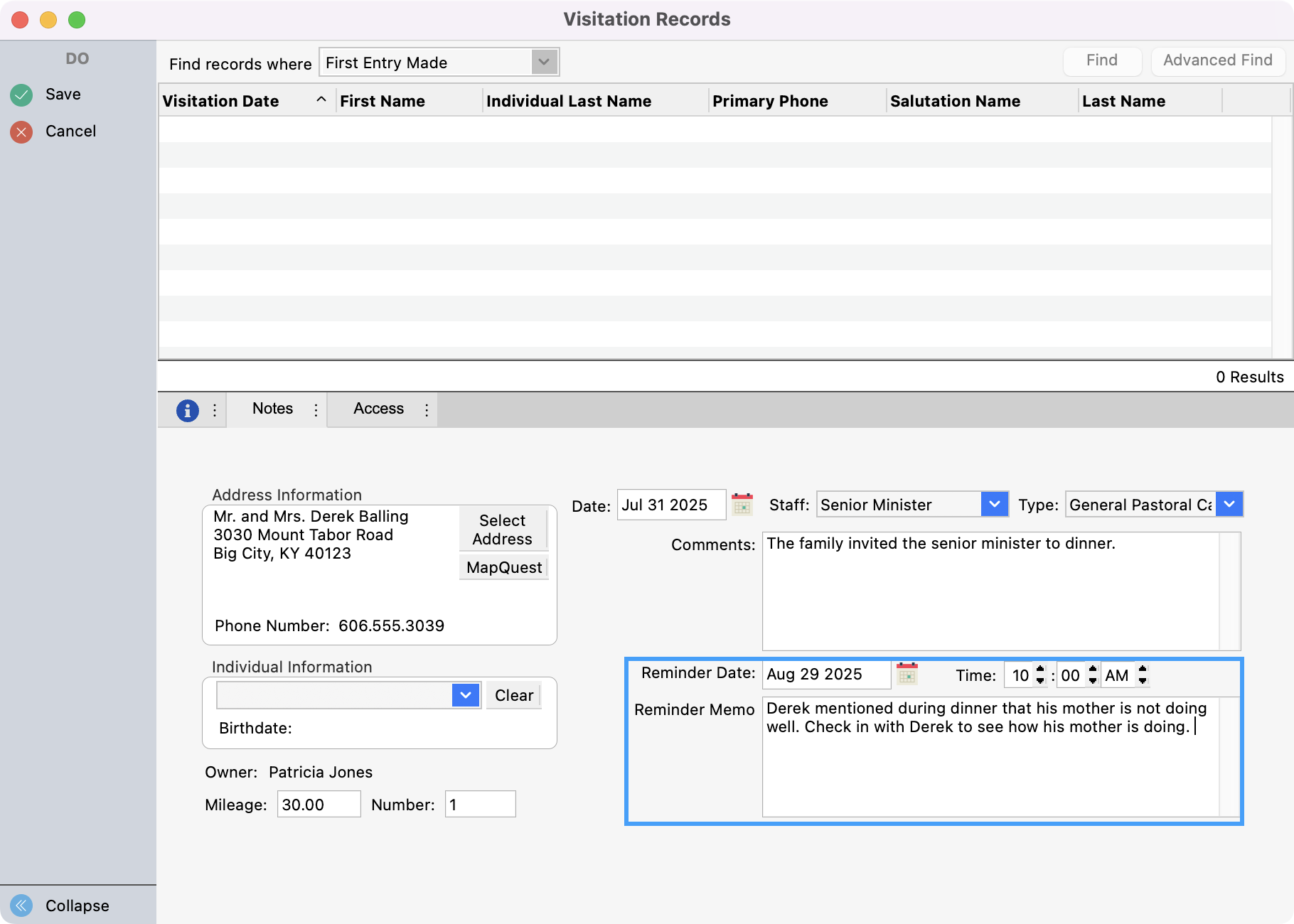 Visitation record with reminder date, time, and reminder memo highlighted.
