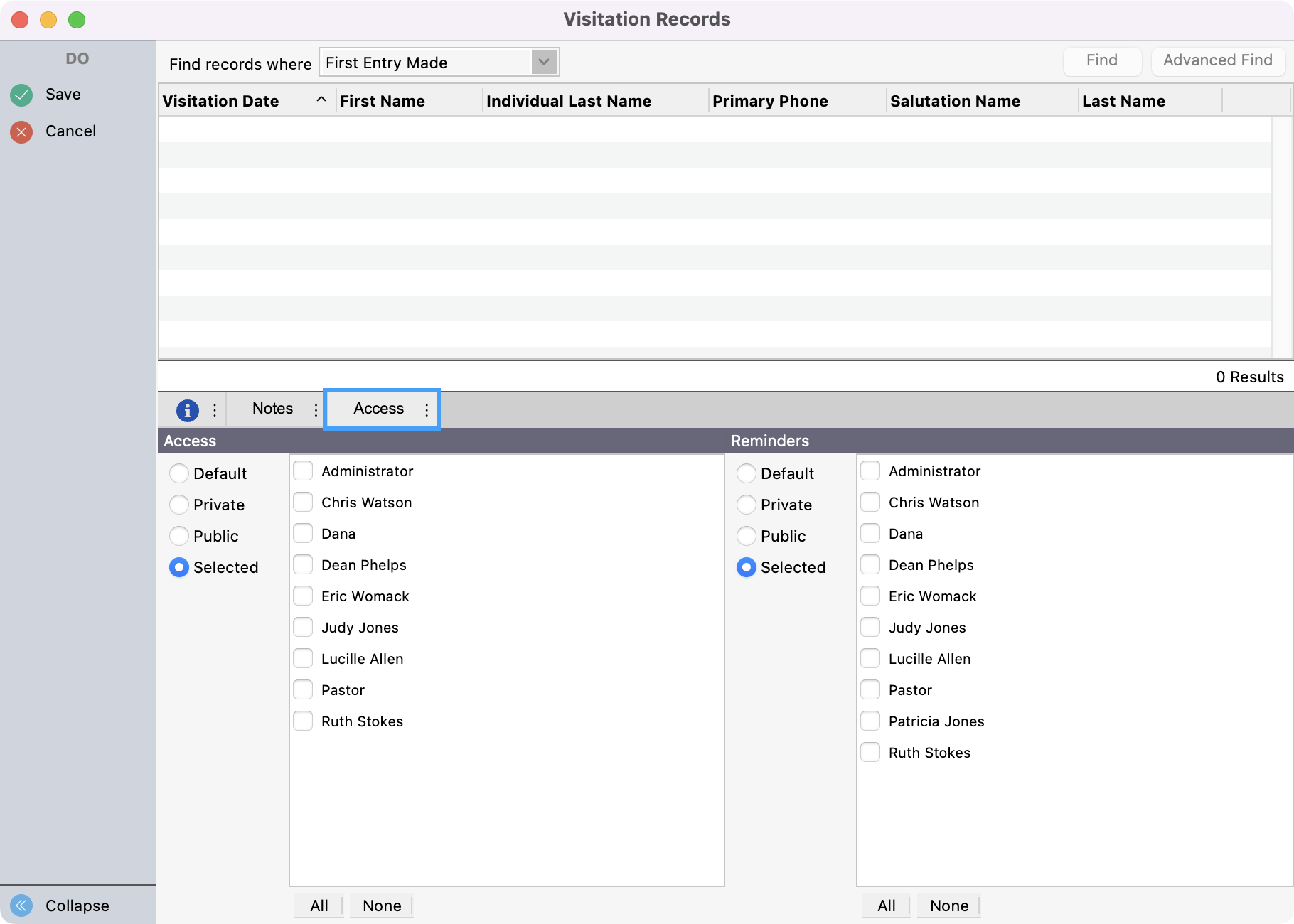 Visitation Records window with the Access tab highlighted. 