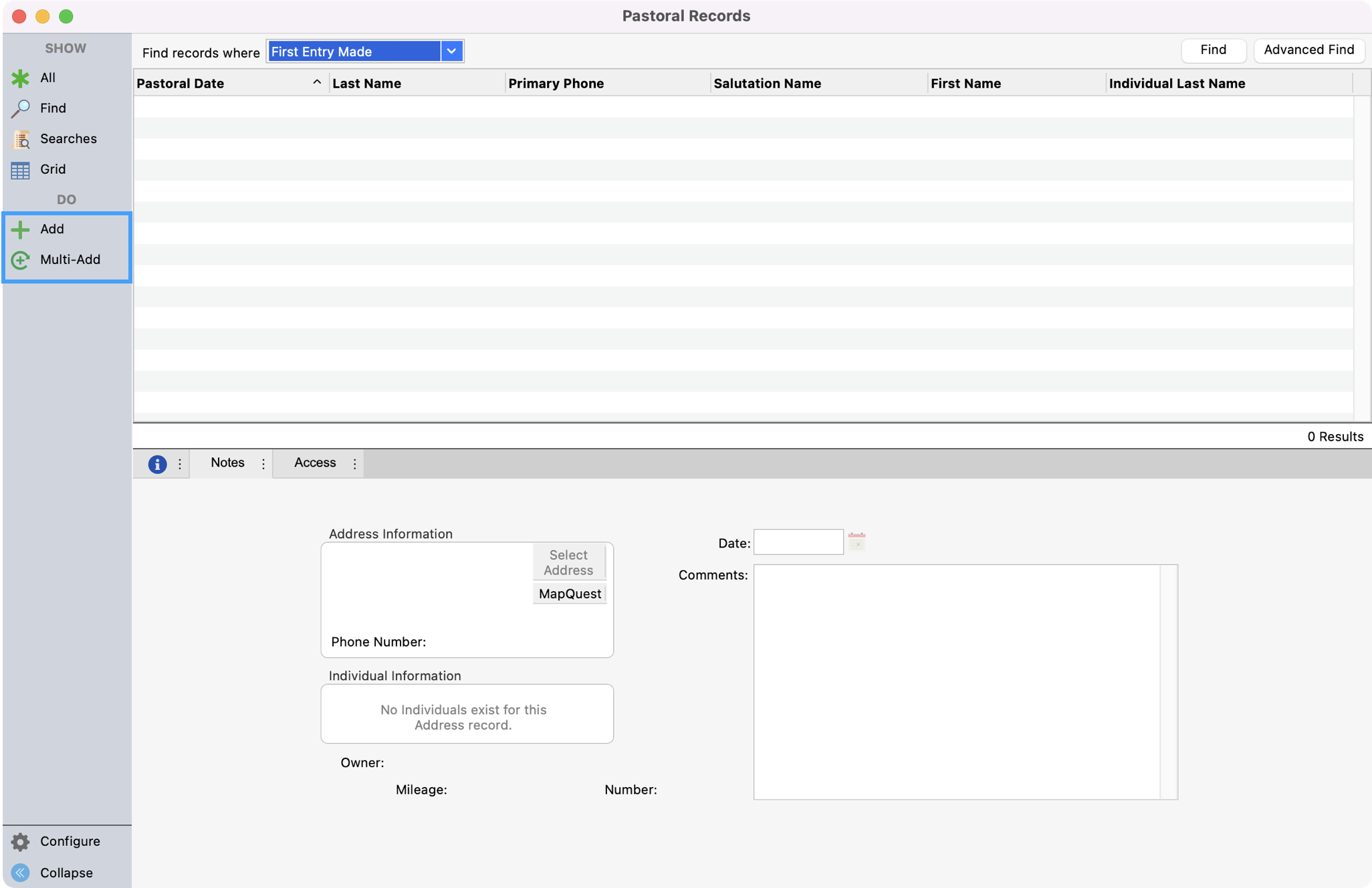 Picture of Pastoral Records window with Add and Multi-add highlighted on the left sidebar. 
