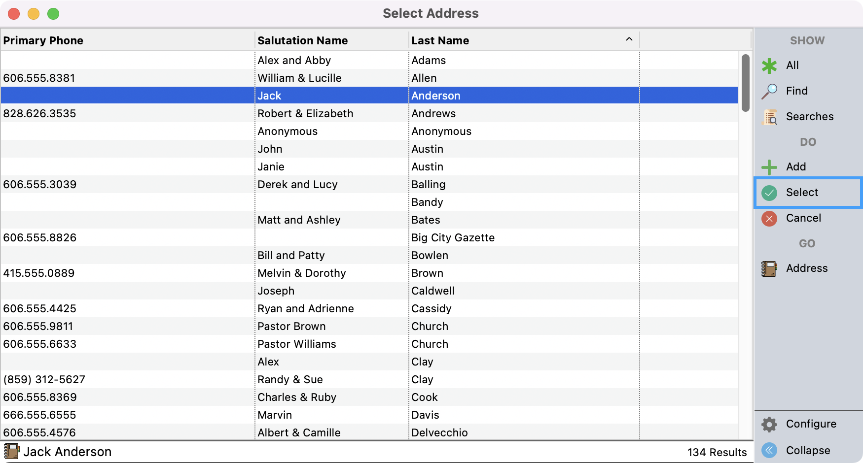Select Address window with record and select highlighted in the right sidebar.