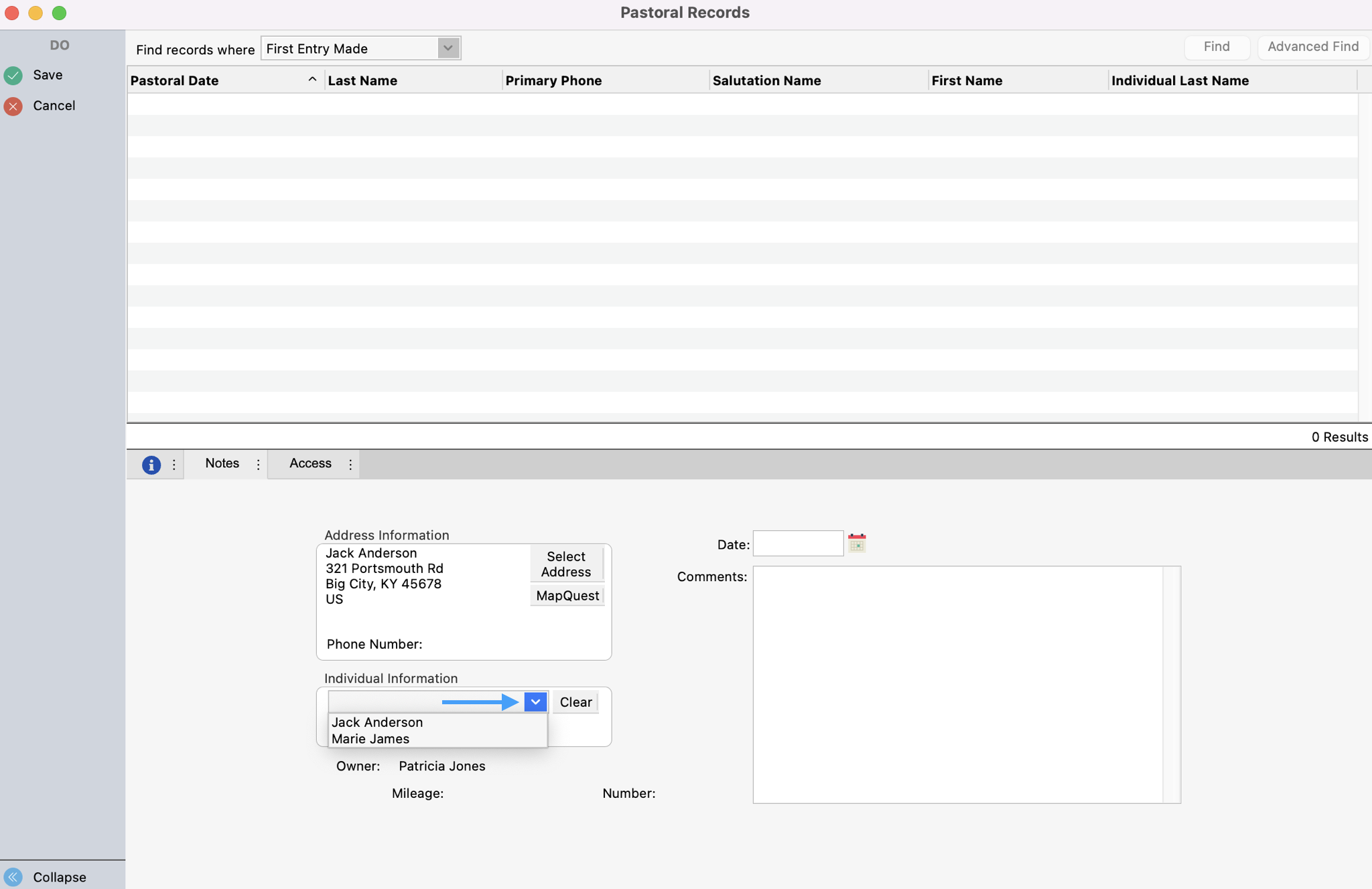 Pastoral records window with an arrow pointing to the Individual Information drop-down field.