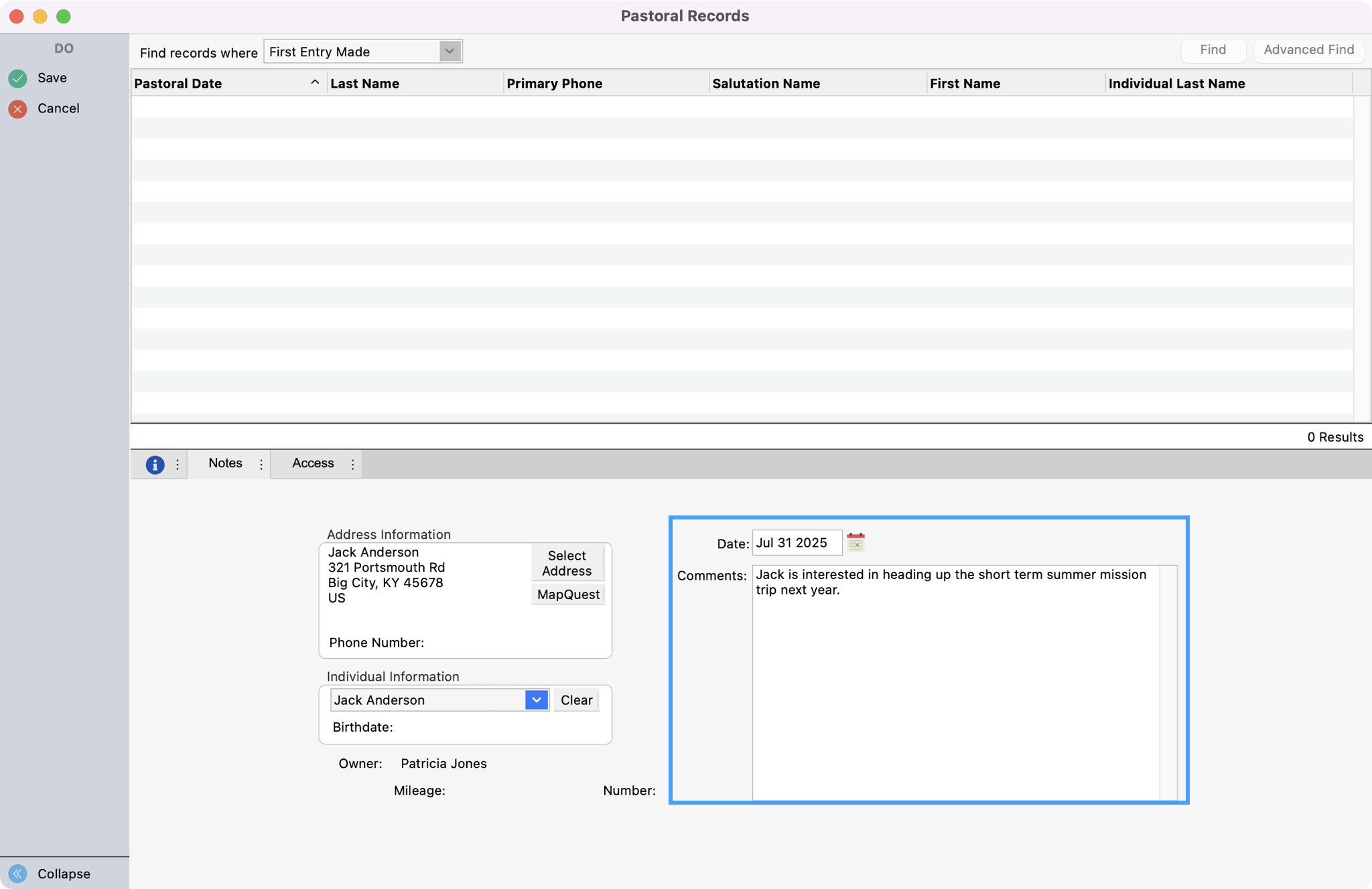 Pastoral records window with date and comment fields highlighted.