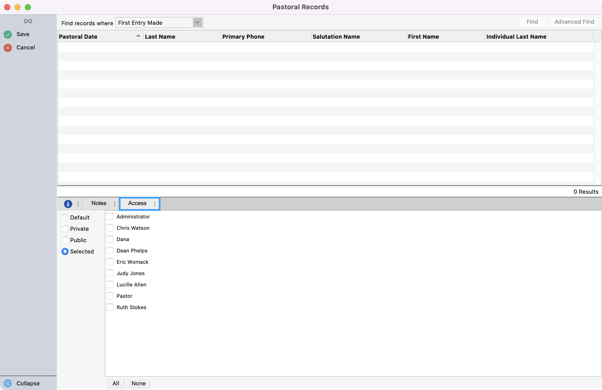 Pastoral Record window with the Access tab highlighted.
