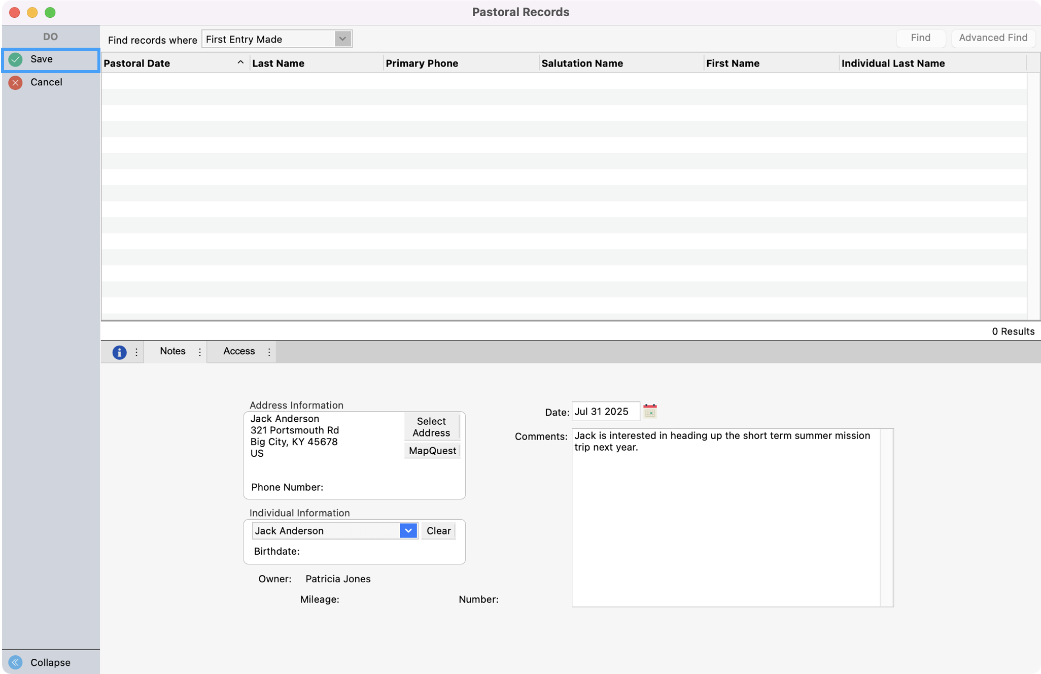 Pastoral record with save highlighted in the left sidebar.
