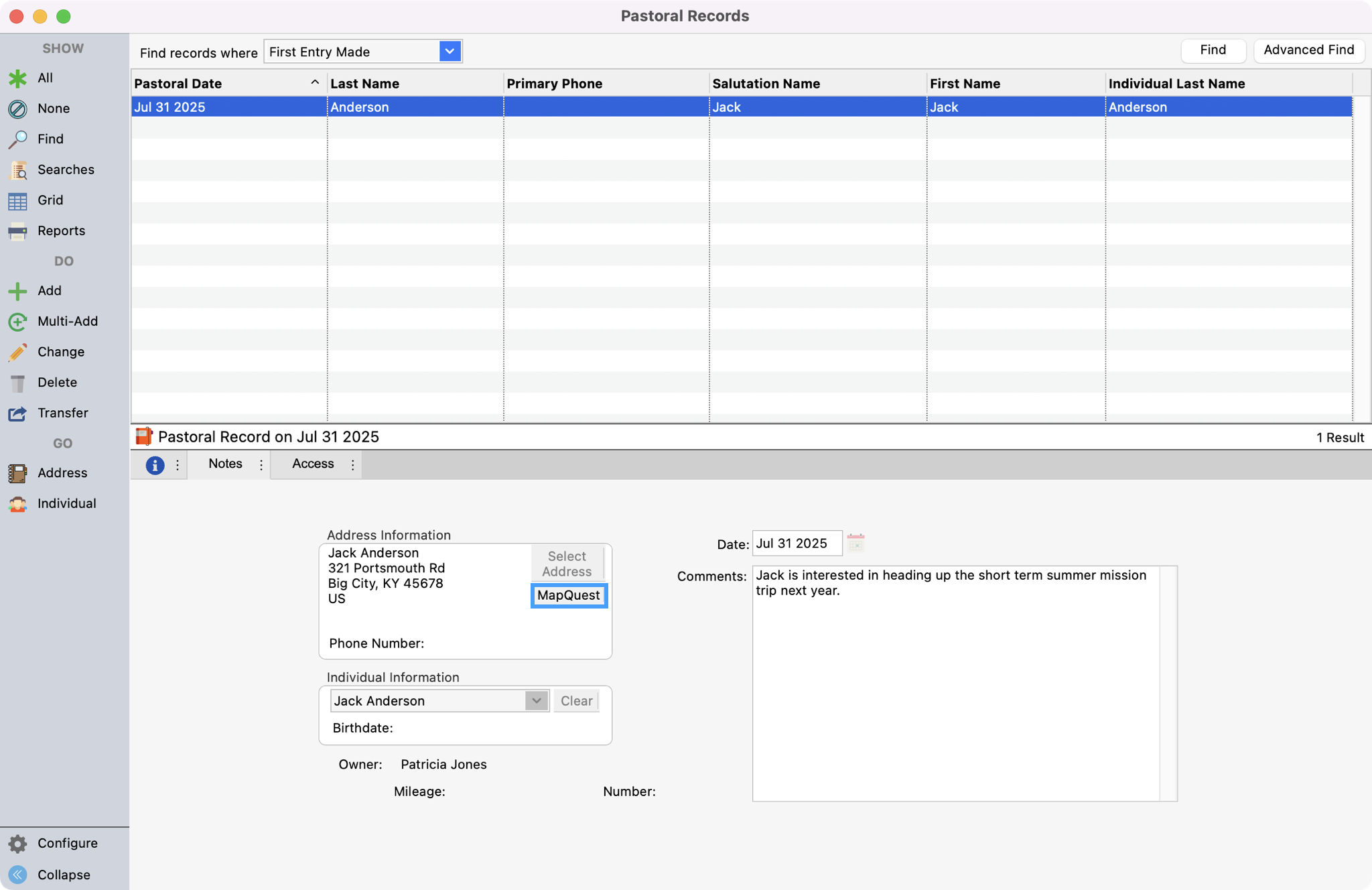 Pastoral records window with the MapQuest button highlighted.