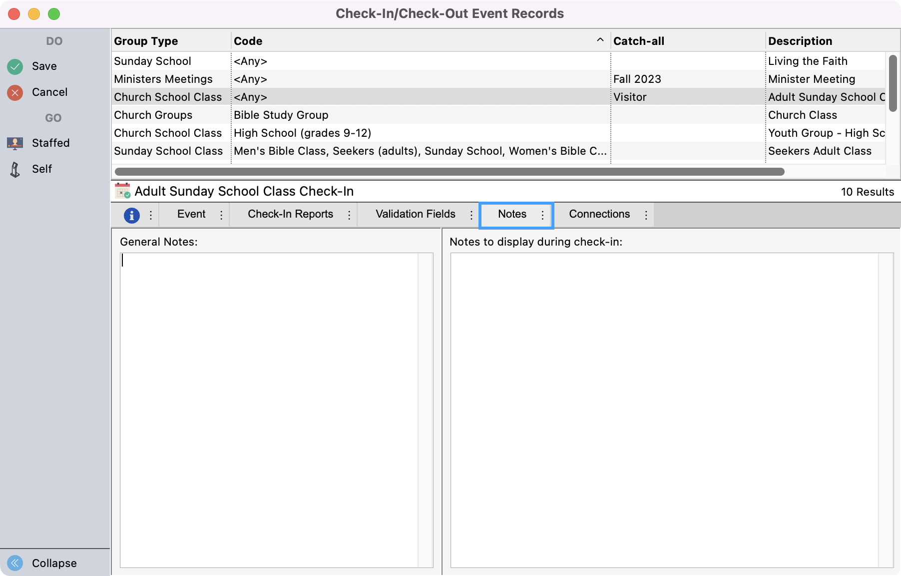 Check-In Check-Out window in change mode with the Notes tab highlighted.