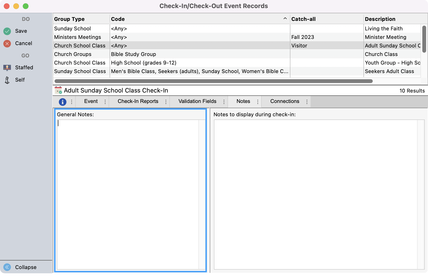 Check-In Check-Out window in change mode with the General Notes pane highlighted. 