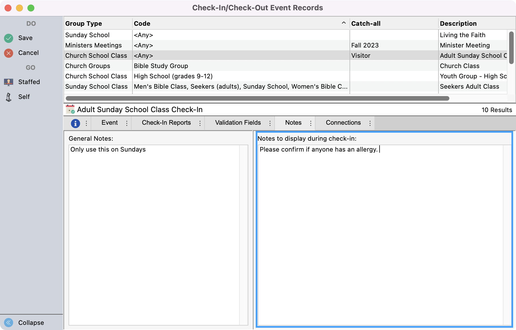 Check-In Check-Out window in change mode with the Notes to display during check-in pane highlighted.