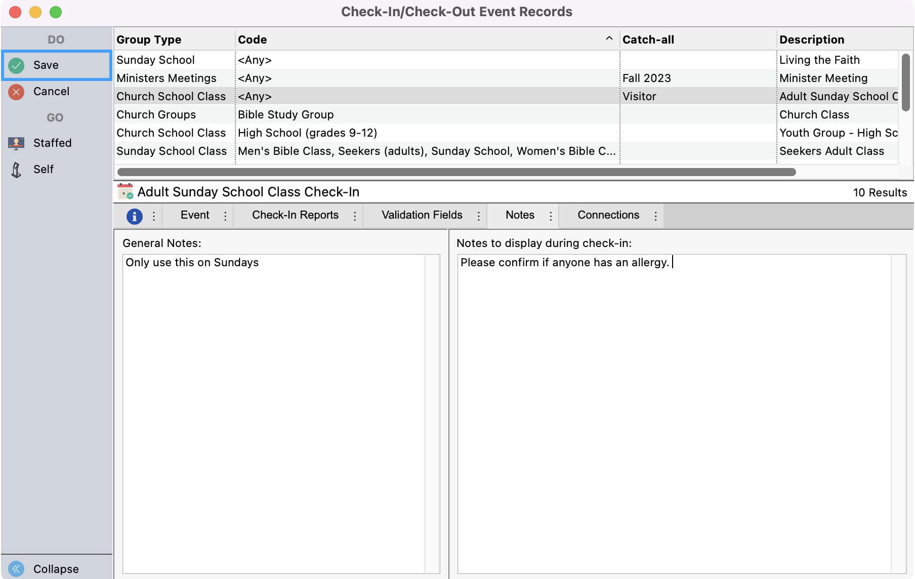 Check-In Check-Out window in change mode with the Save button highlighted. 