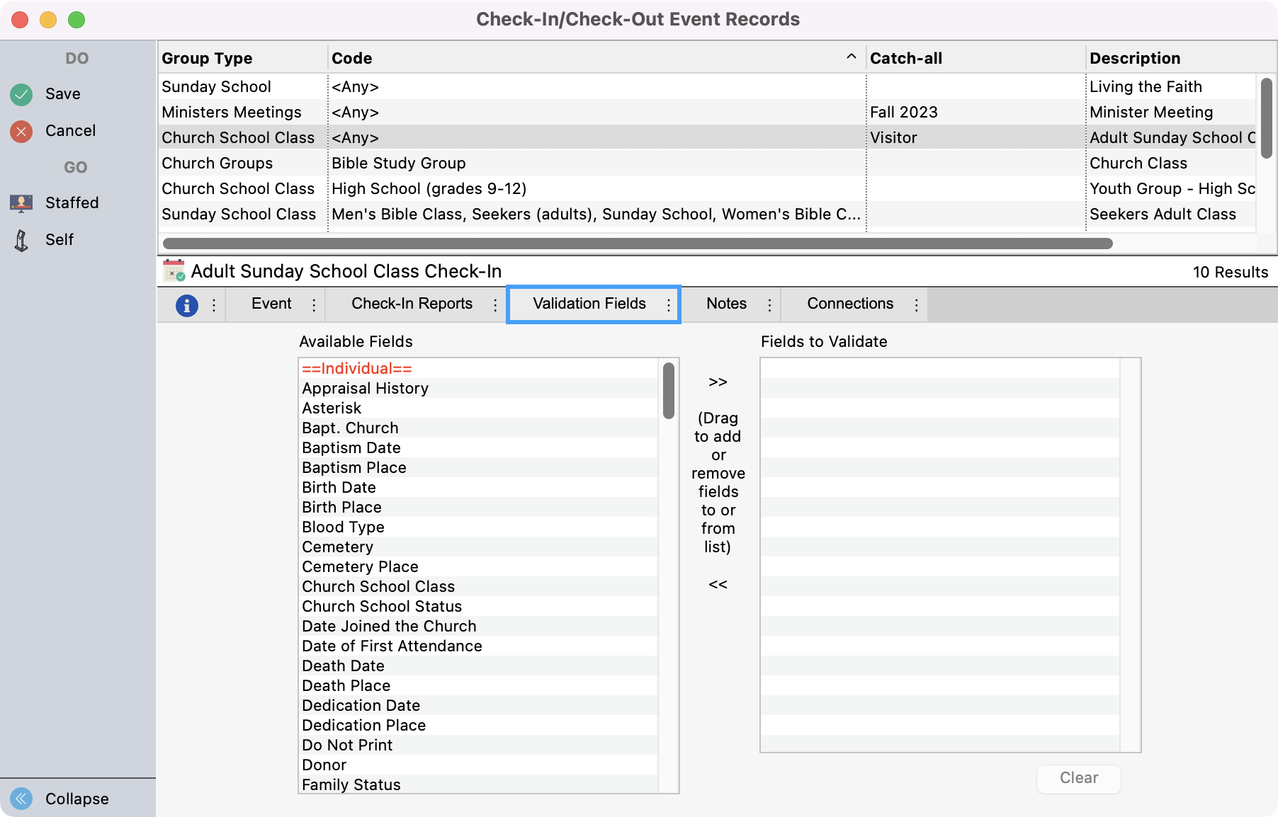 Check-In Check-Out Event Records window in change mode with the Validation Fields tab highlighted.