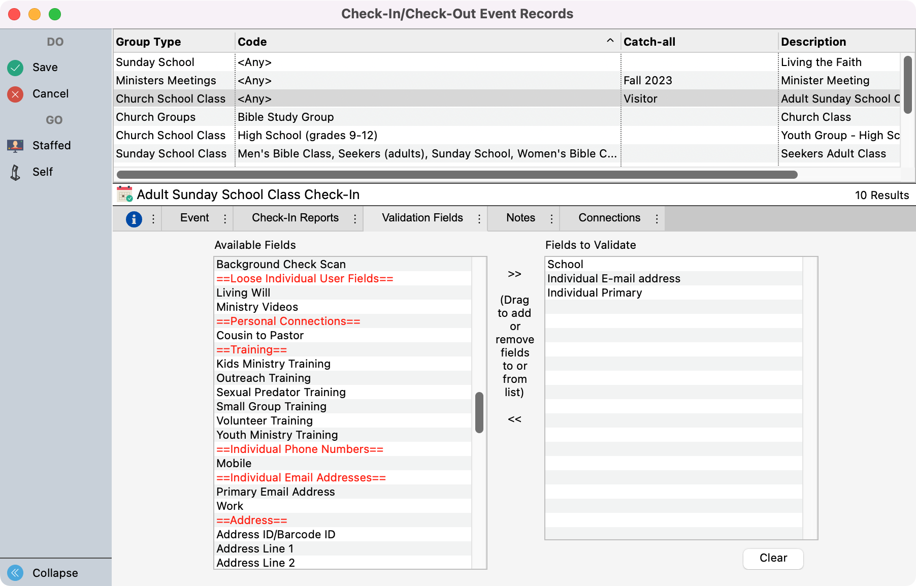 Check-In Check-Out Event Records window in change mode.