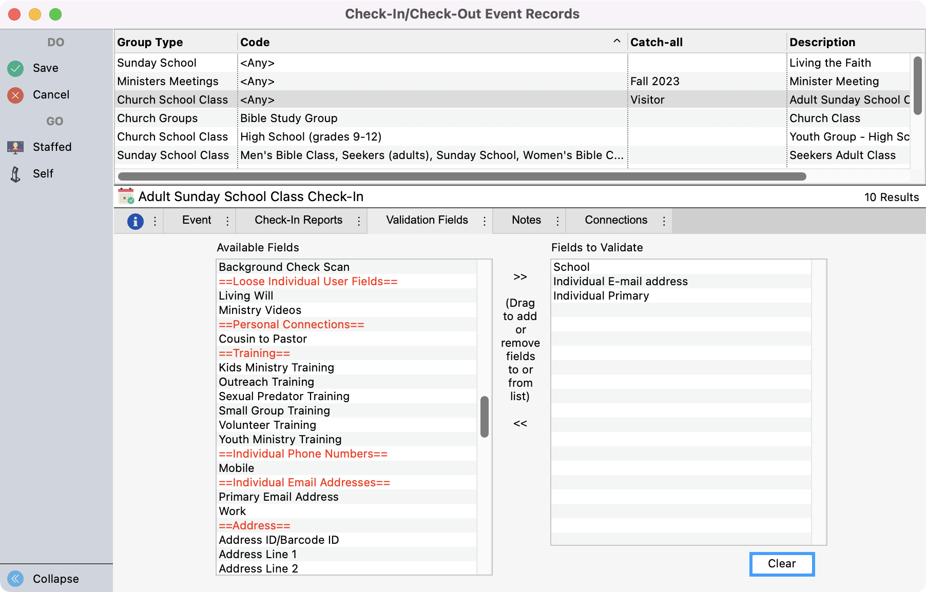 Check-In Check-Out Events window in change mode with the clear button highlighted.