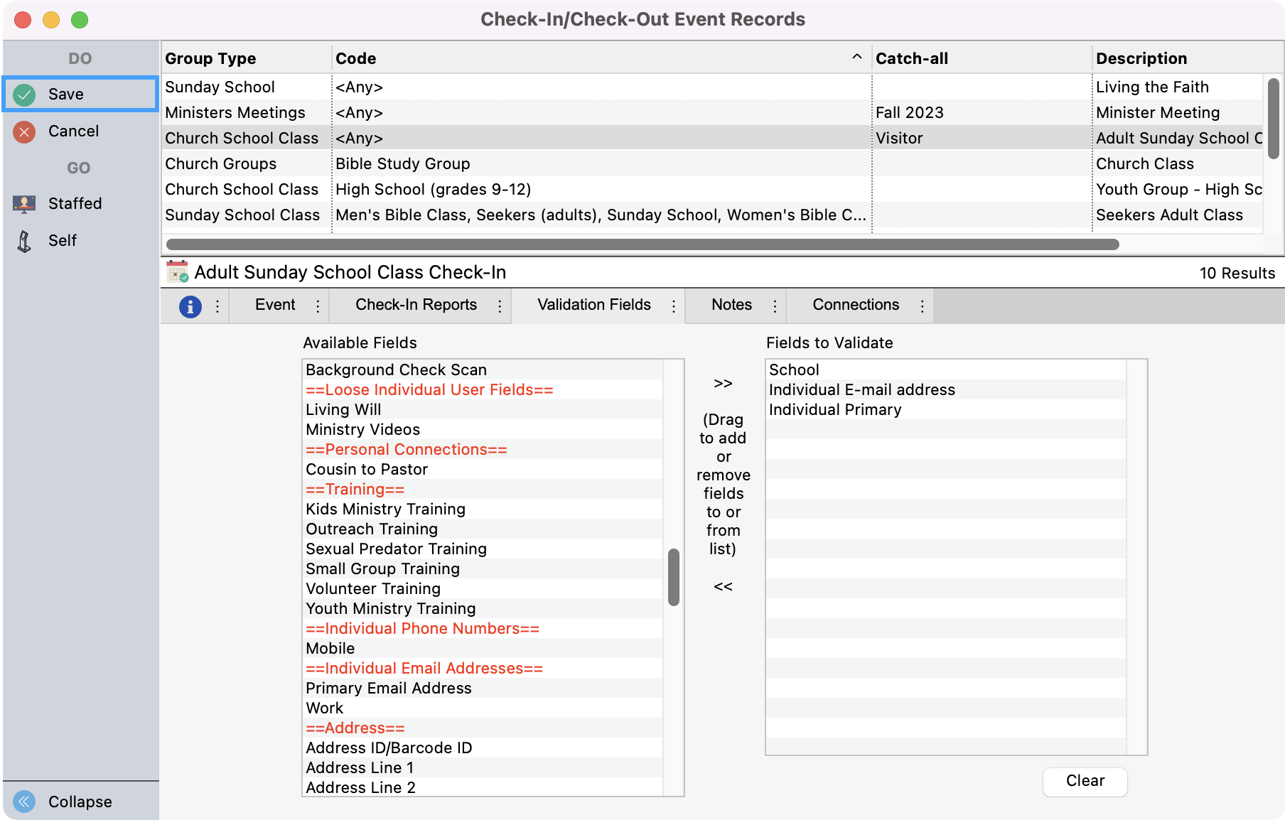 Check-In Check-Out Event Records window in change mode with Save highlighted.