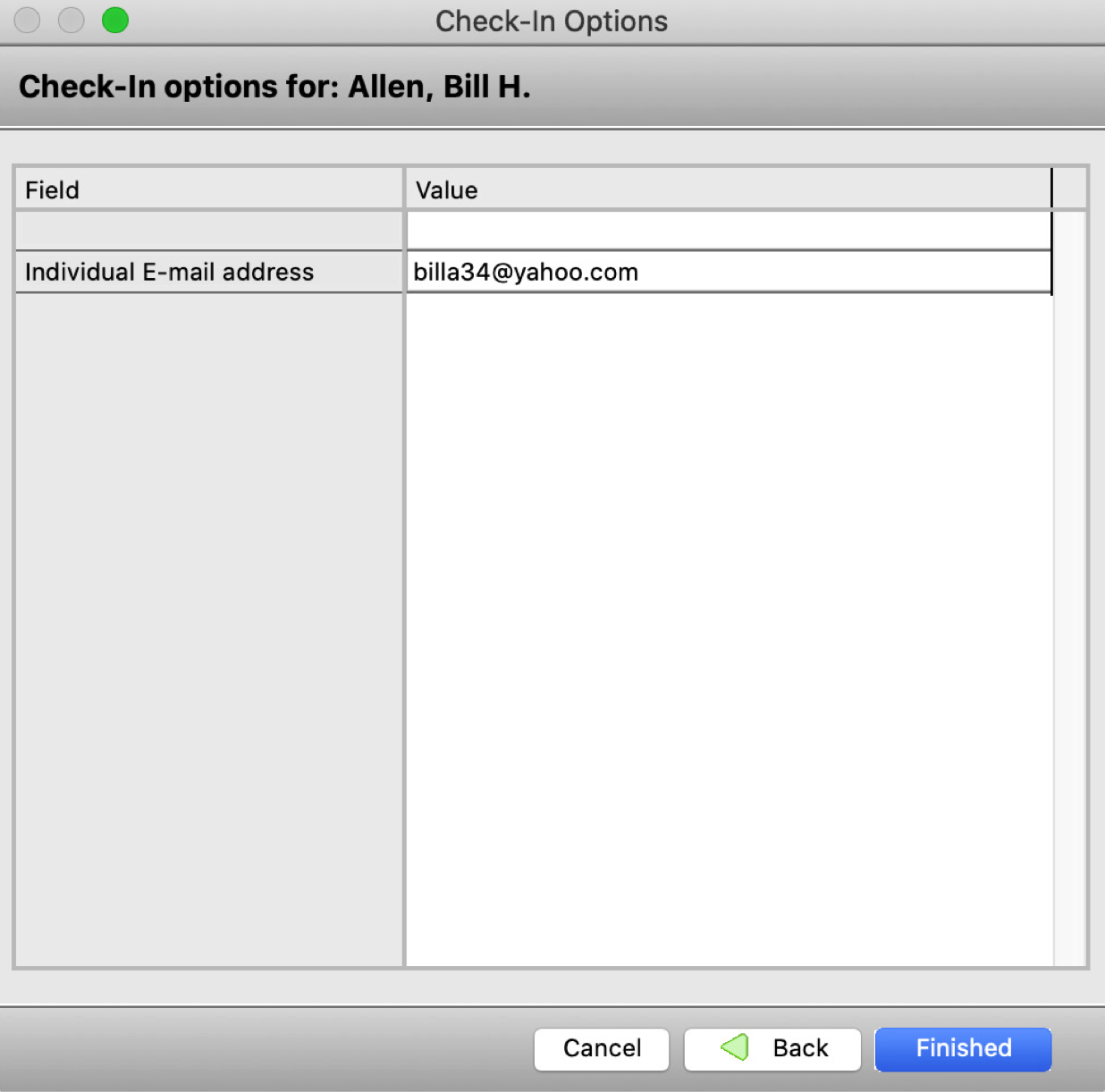 Check-In options validation fields screen.