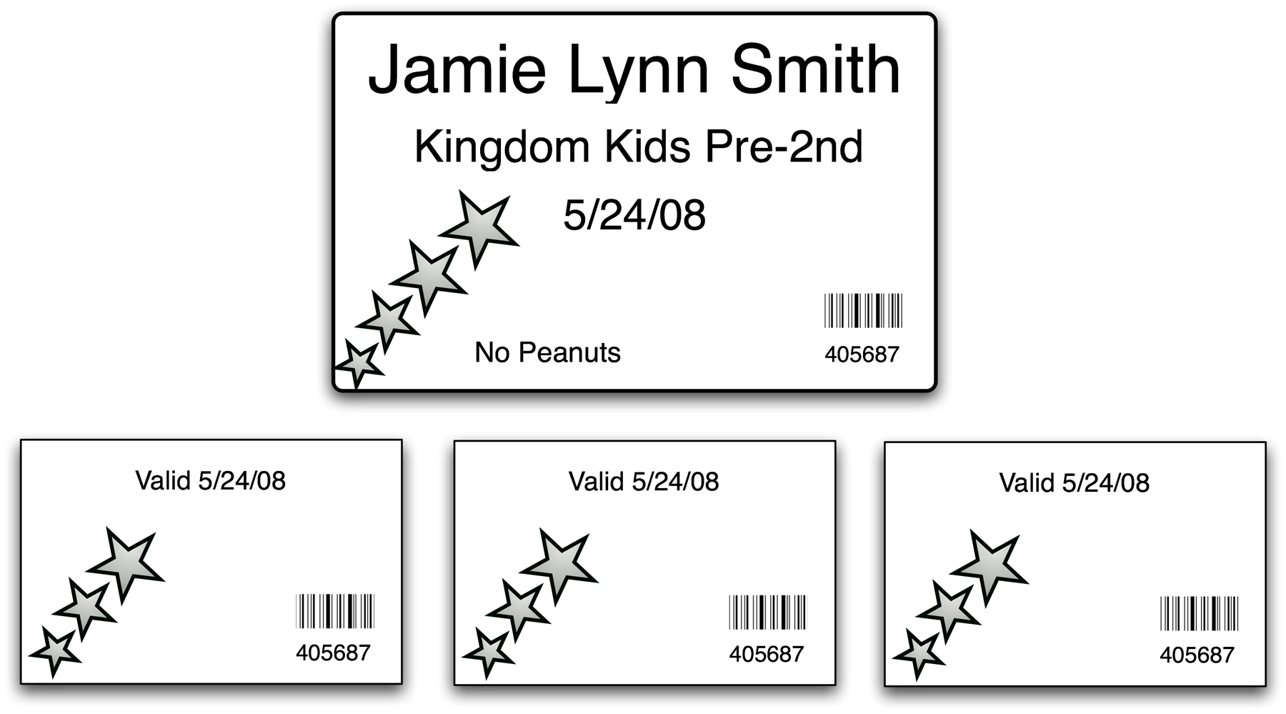 Sample Name Badge and three receipts.