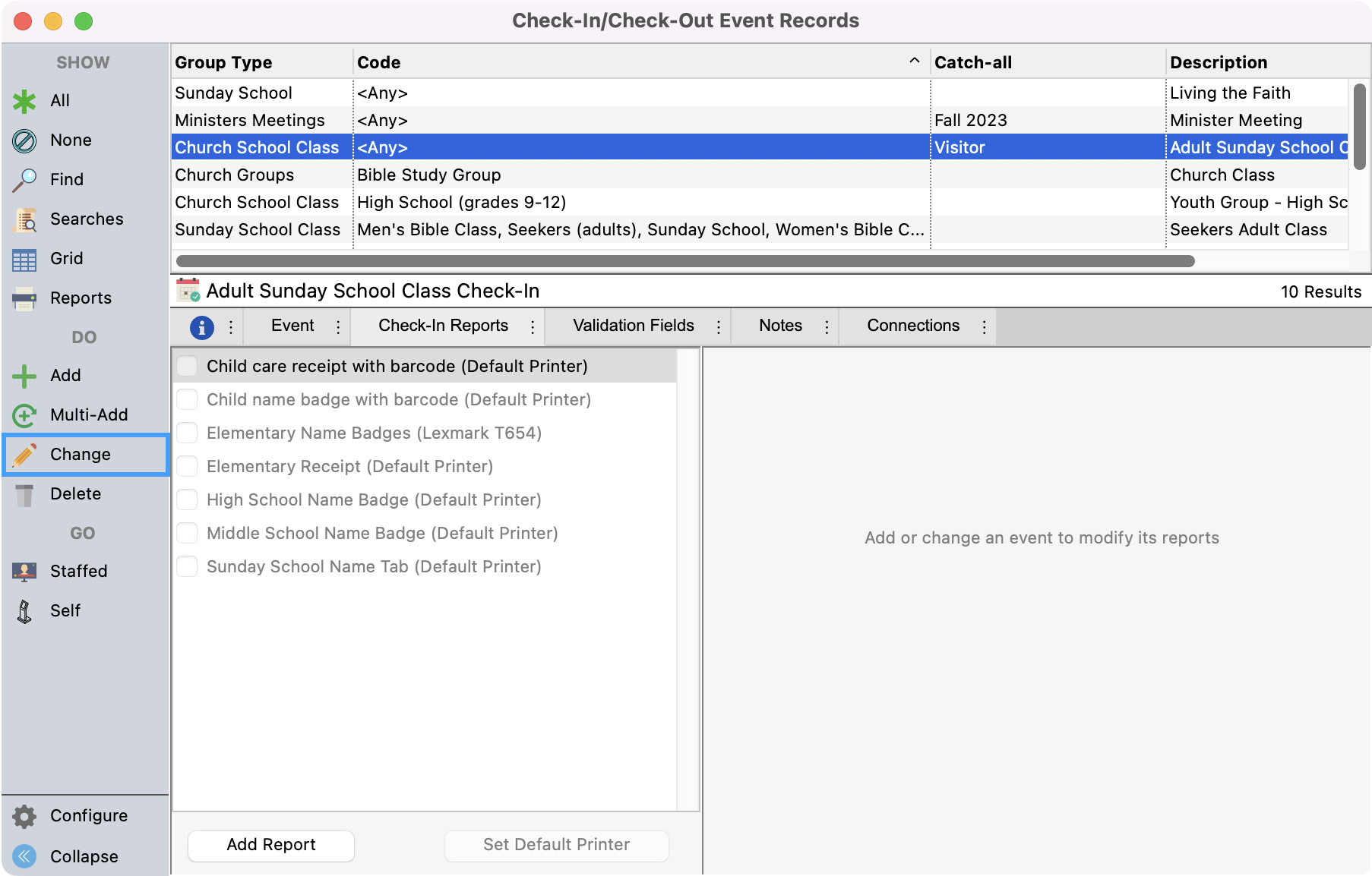 Check-In Check-Out Event Records window with Change highlighted in the left sidebar.