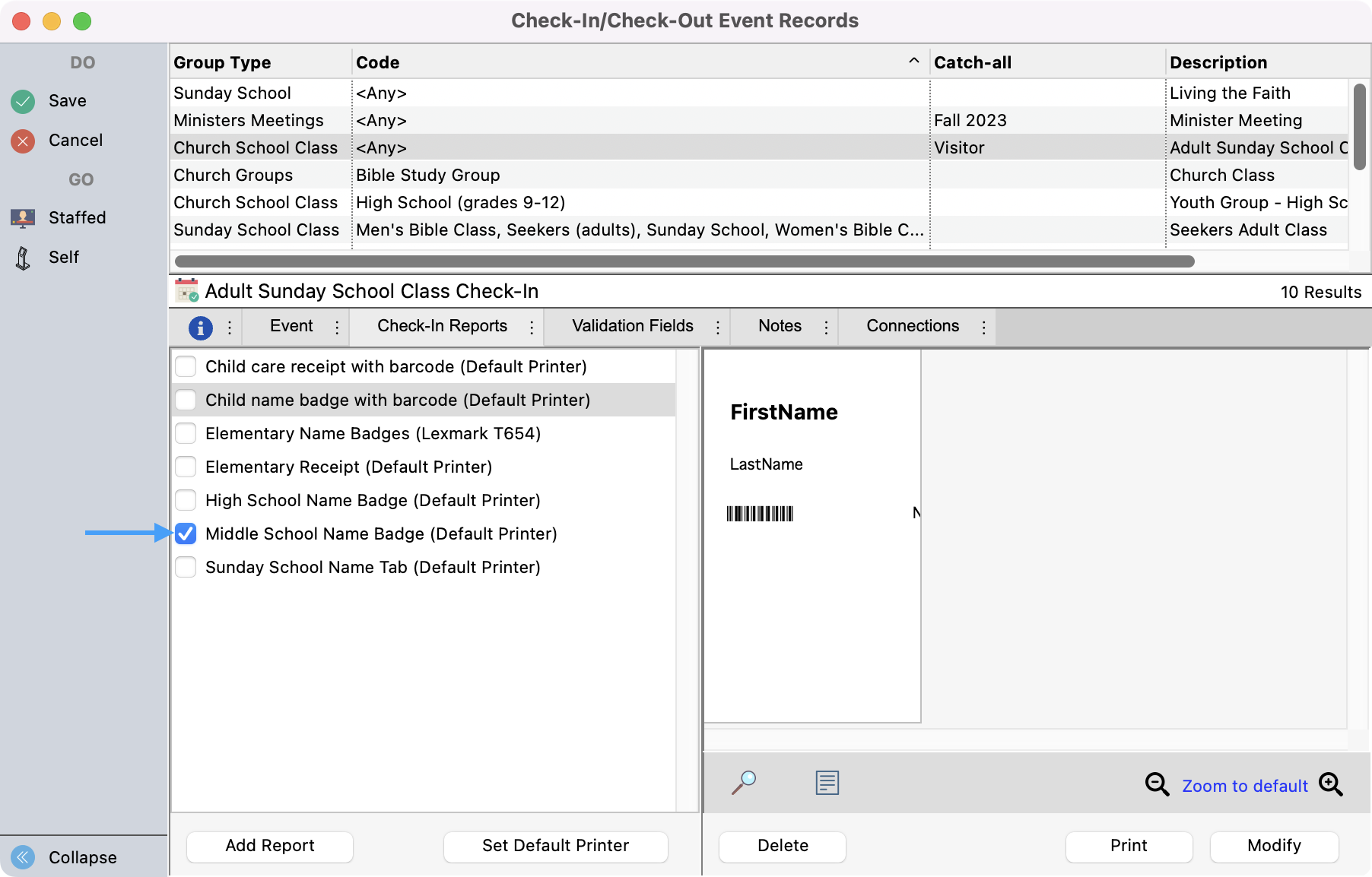 Check-In Check-Out Event Records window with an arrow pointing to a checkbox next to a report.