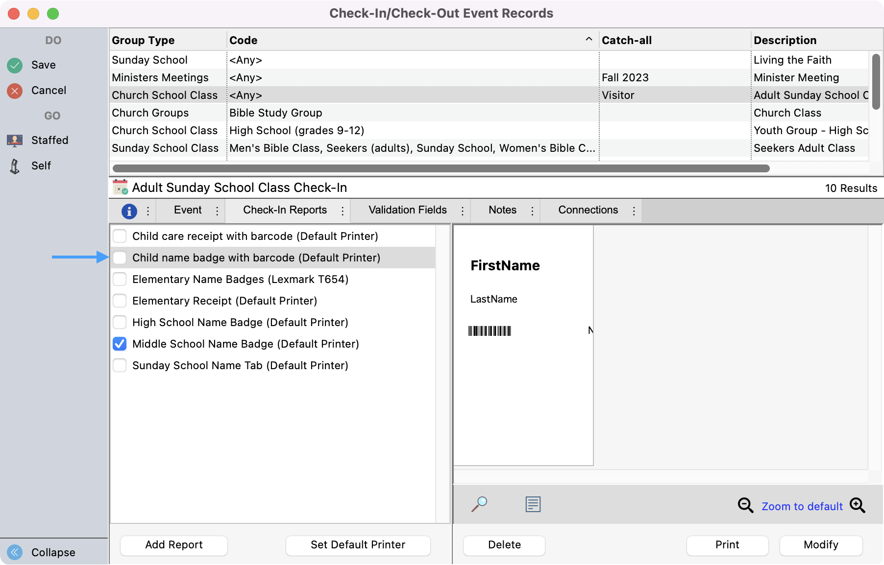 Check-In Check-Out Event Records window with an arrow pointing to a highlighted report.