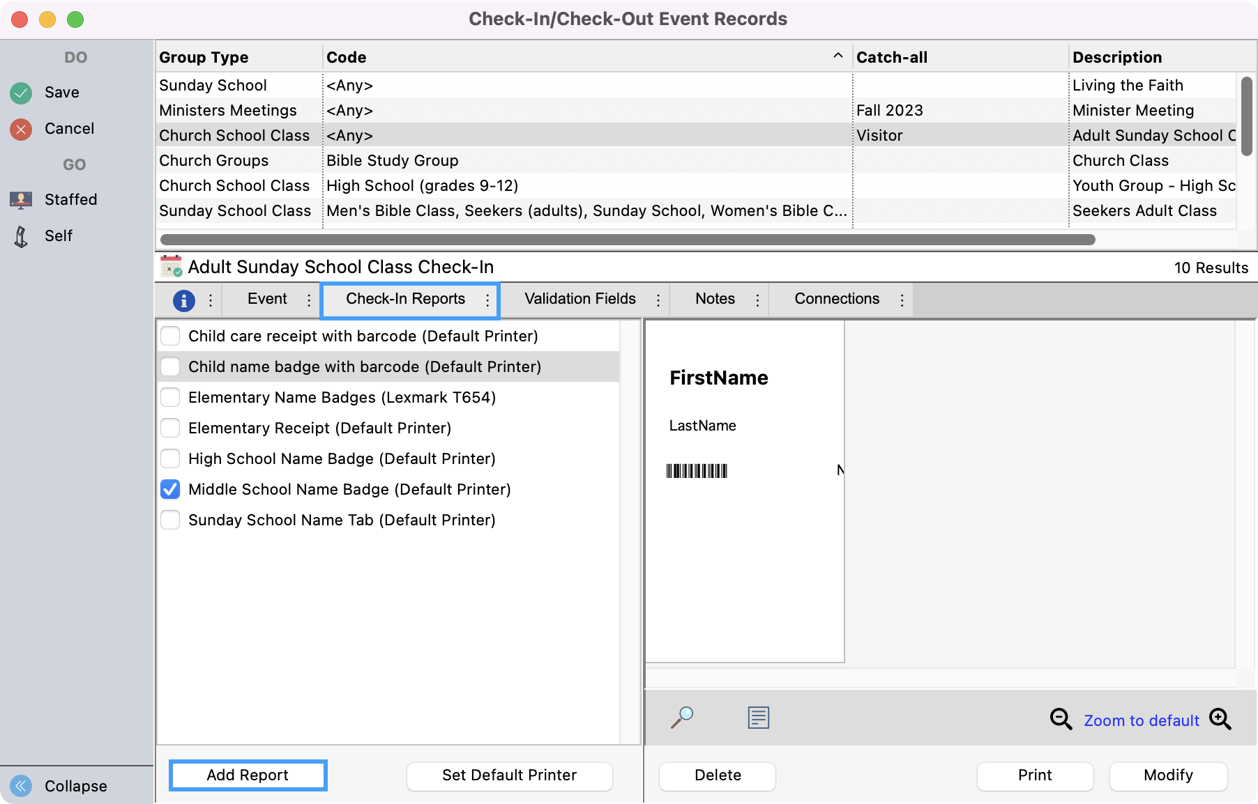 In change mode in the Check-In Check-Out Event Records window with the Check-In report tab and Add Report button highlighted.