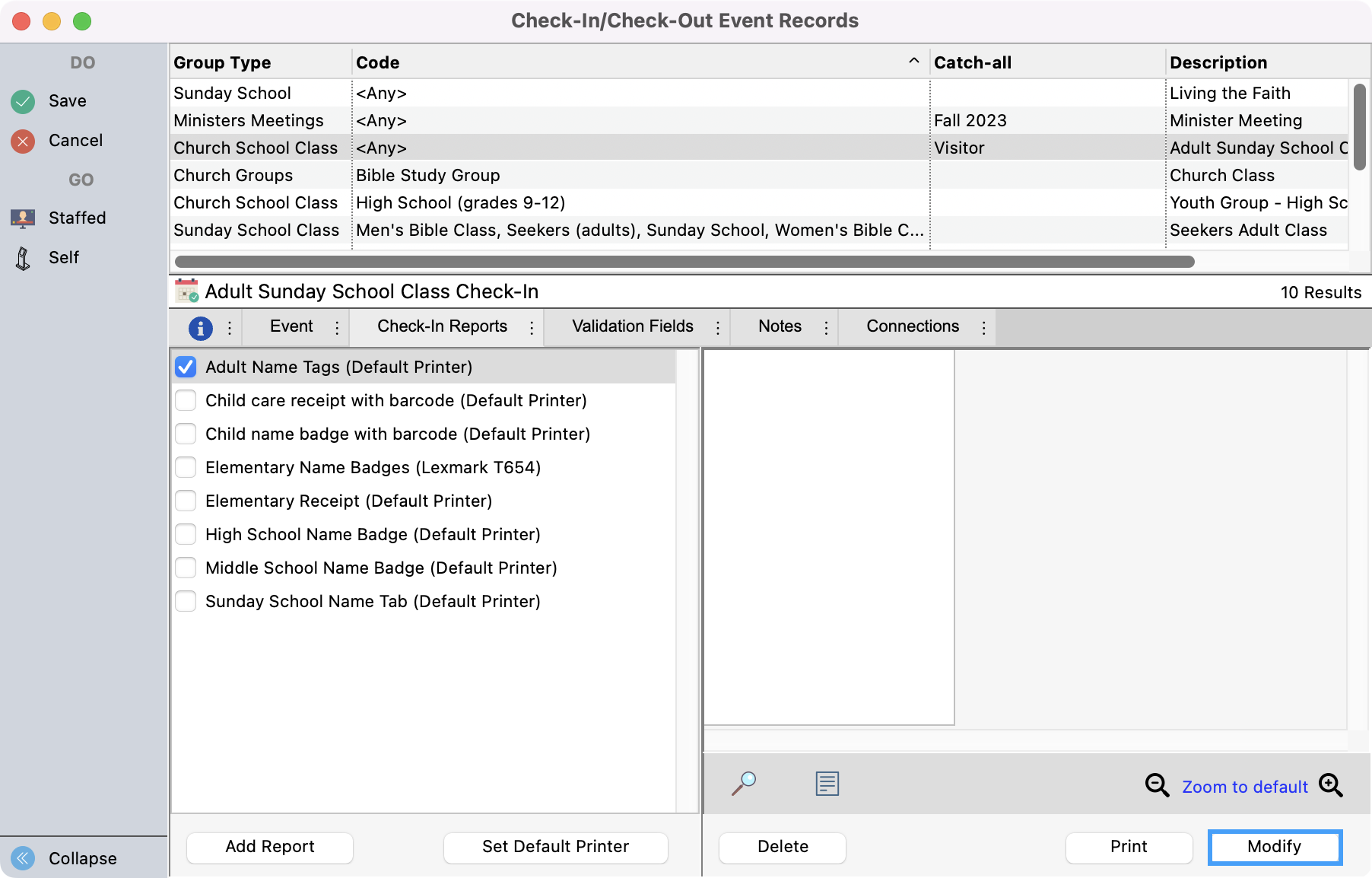 In change mode in the Check-In Check-Out Event Records window with the Check-In report tab and Modify button highlighted.